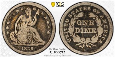 1838 10C No Drapery, Large Stars, F-103b VG8