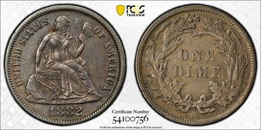 1882 10C Repunched Date, F-102 AU53