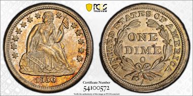 1856-O 10C F-104, Repunched Date MS64
