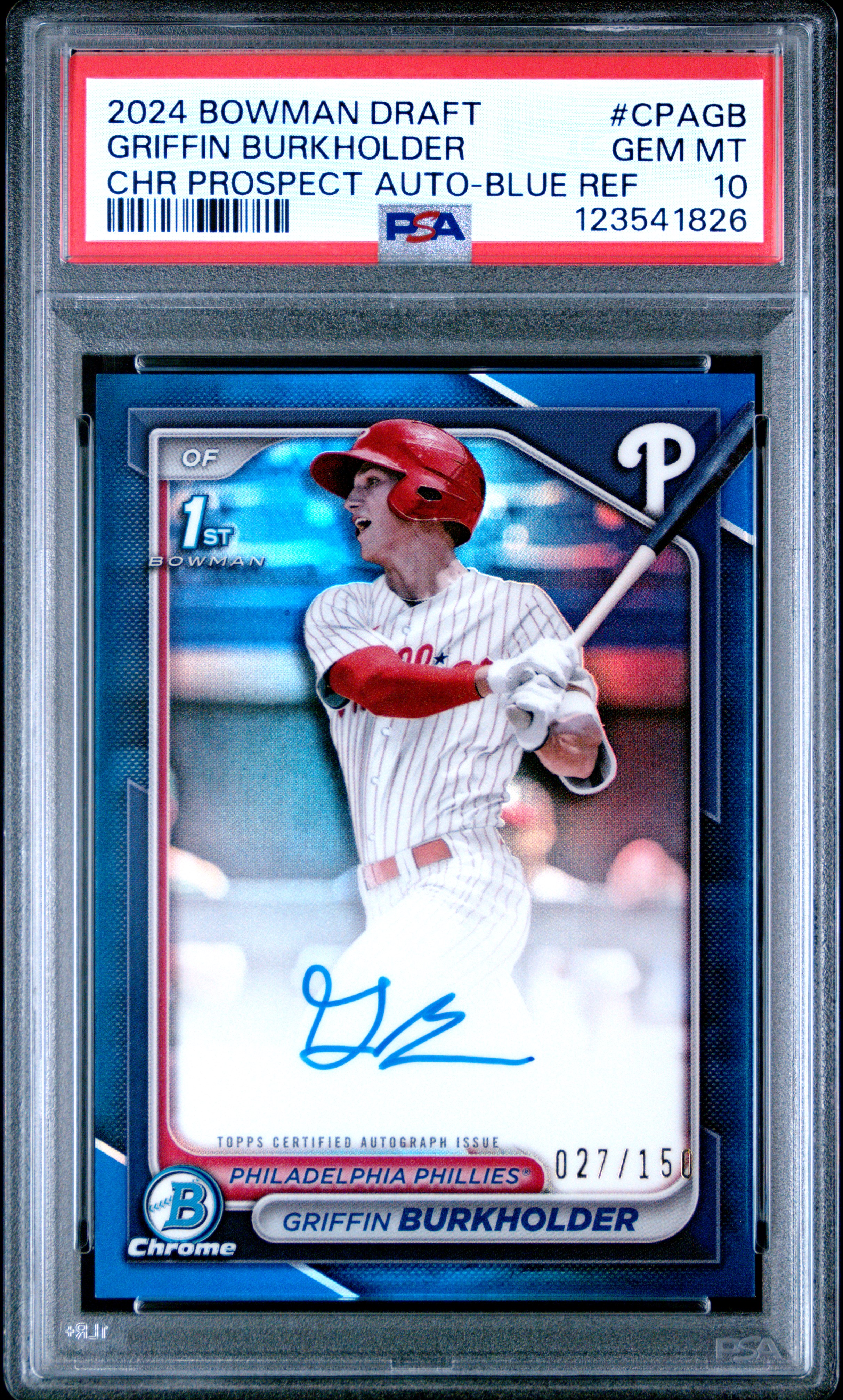 2024 Bowman Draft Chrome Prospect Autographs Griffin Burkholder Blue Refractor #CPAGB PSA 10