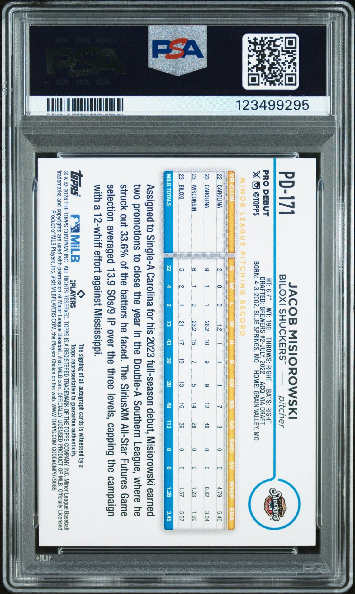 2024 Topps Pro Debut Jacob Misiorowski #Pd171 (Autograph) Gem Mt 10 back