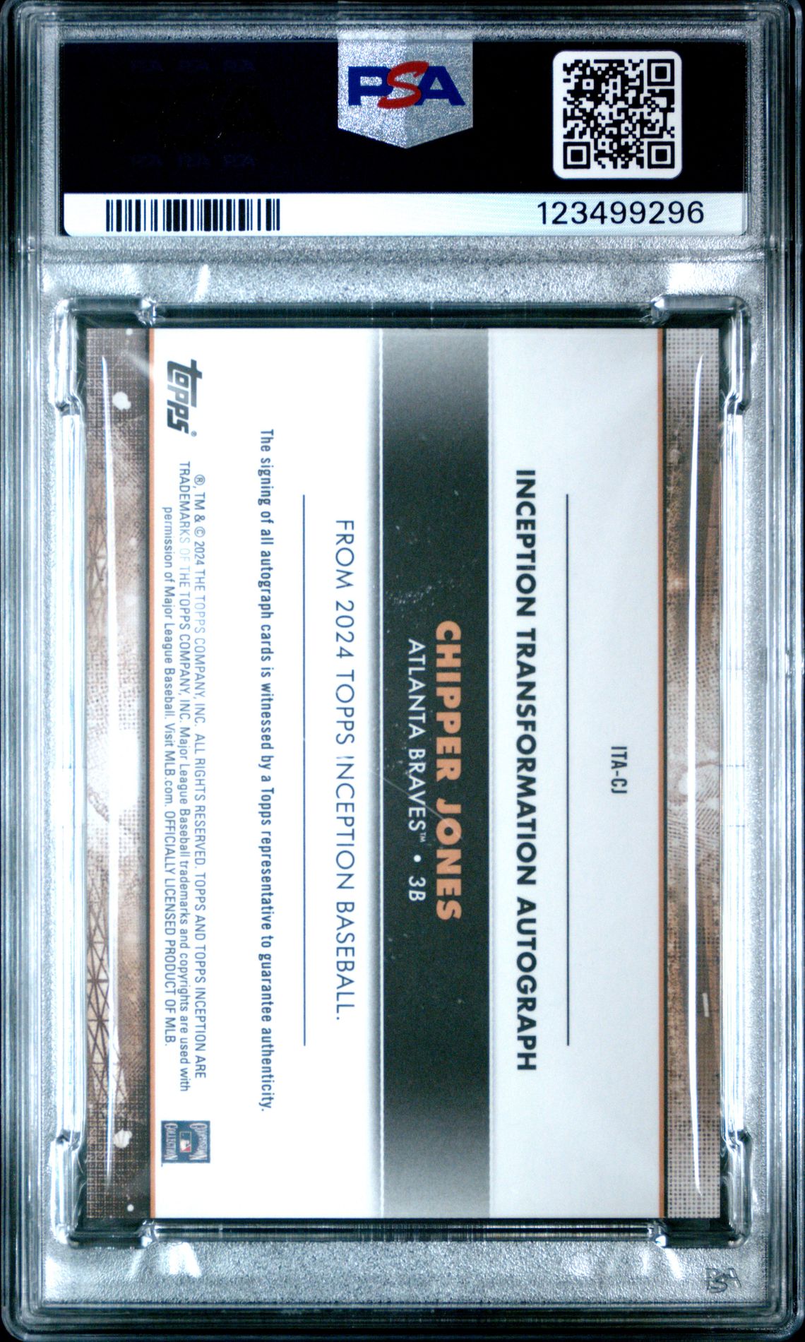 2024 Topps Inception Inception Transformation Autographs Chipper Jones #Itacj Gem Mt 10 back