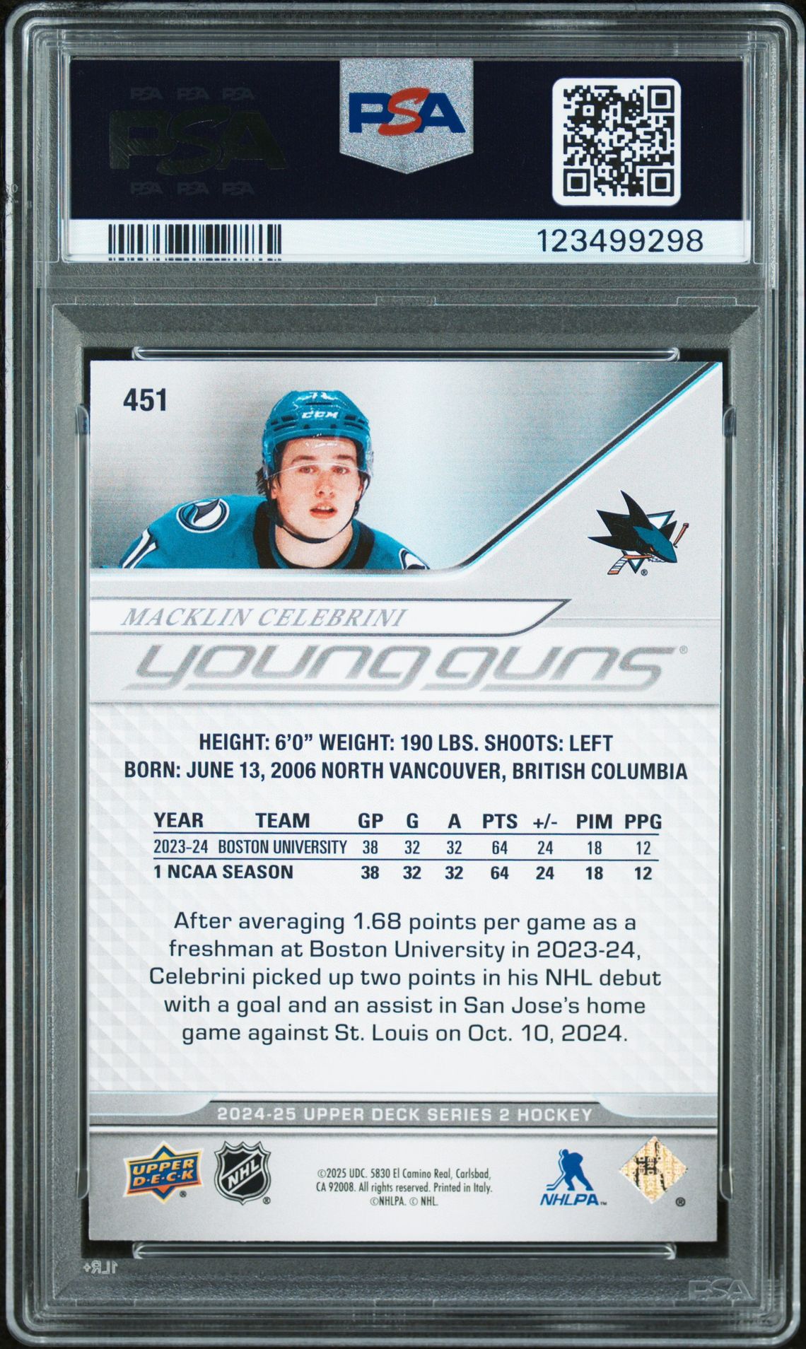 2024 Upper Deck Macklin Celebrini #451 Nm-Mt 8 back