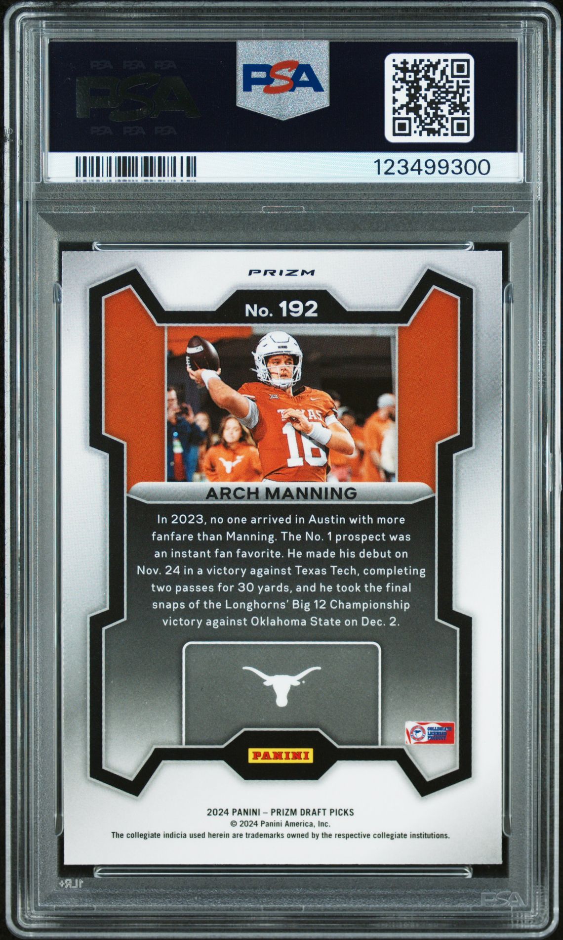 2024 Panini Prizm Draft Picks Arch Manning #192 (Red Ice) Gem Mt 10 back