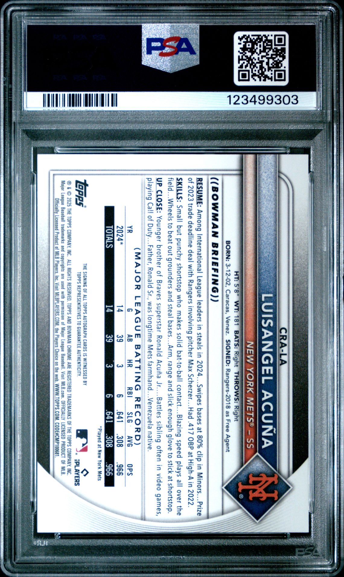 2025 Bowman Chrome Rookie Autographs Luisangel Acuna #Crala (Chr Rookie Au-Mini Diamond) Gem Mt 10 back