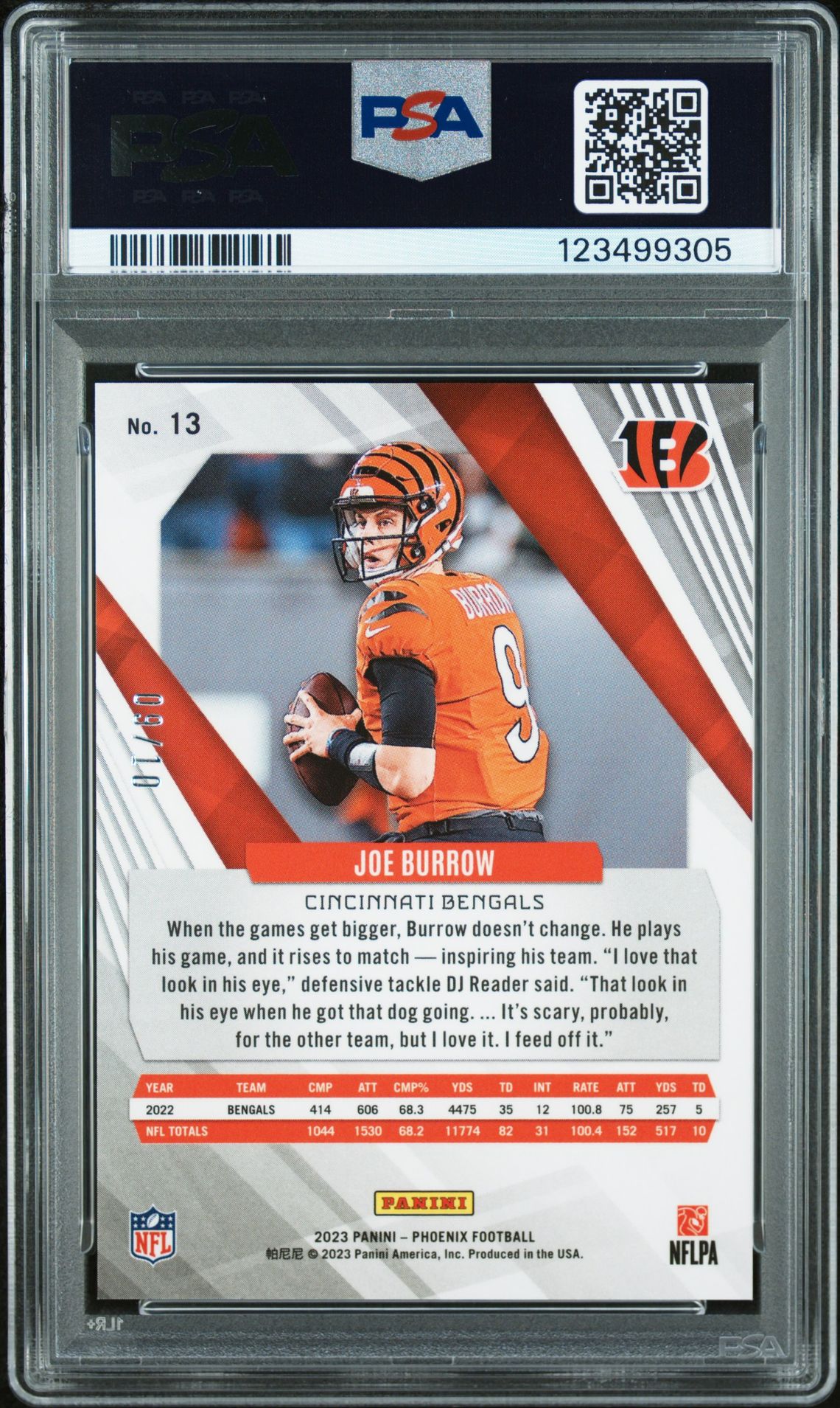 2023 Panini Phoenix Joe Burrow #13 (Black Seismic) Gem Mt 10 back