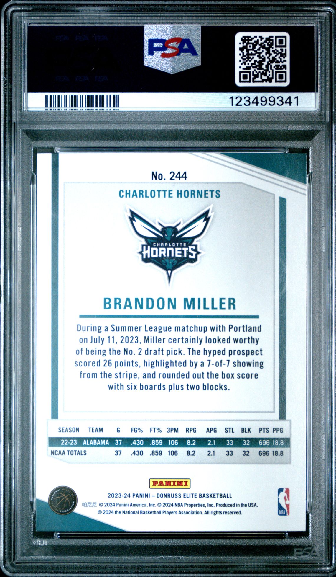 2023 Panini Donruss Elite Brandon Miller #244 (Orange) Mint 9 back