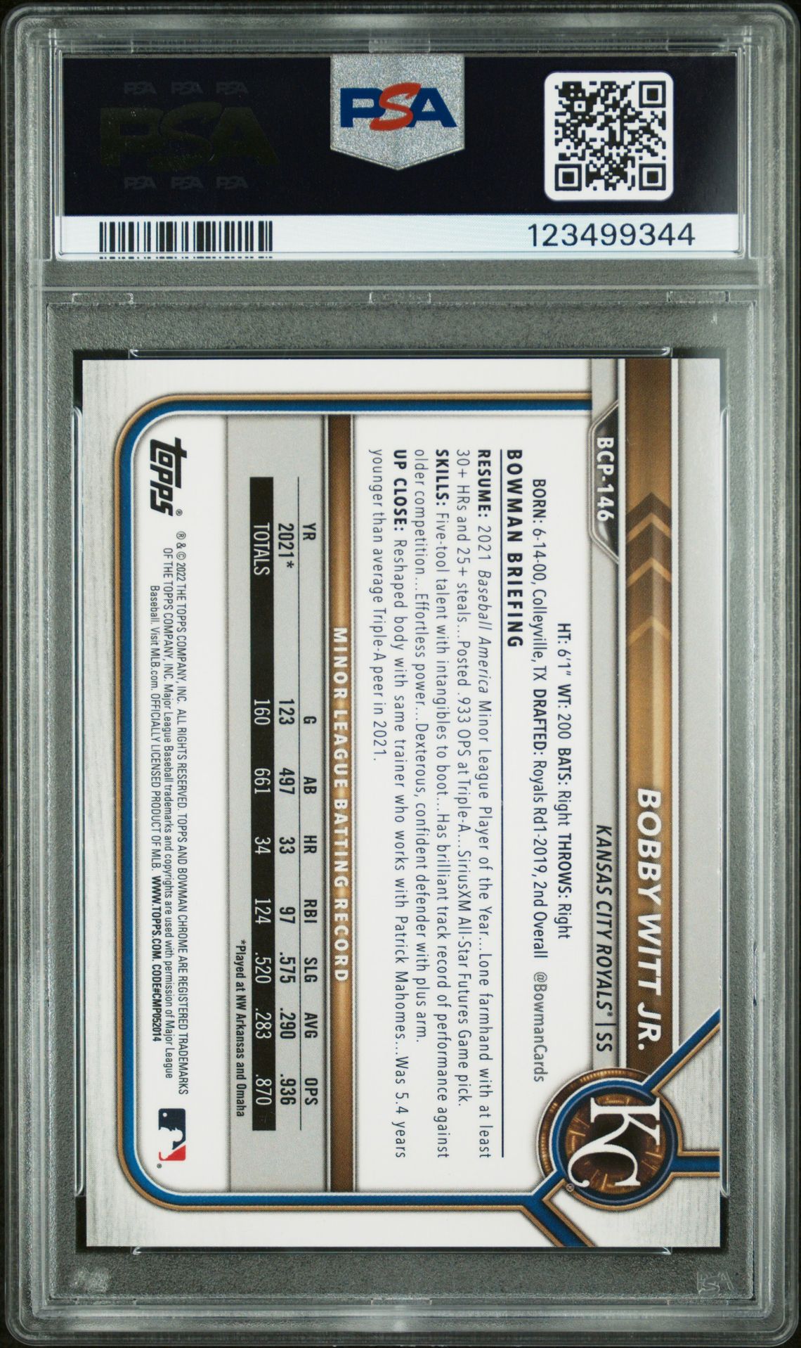 2022 Bowman Mega Box Chrome Bobby Witt Jr. #146 (Chrome-Gold Refractor) Gem Mt 10 back