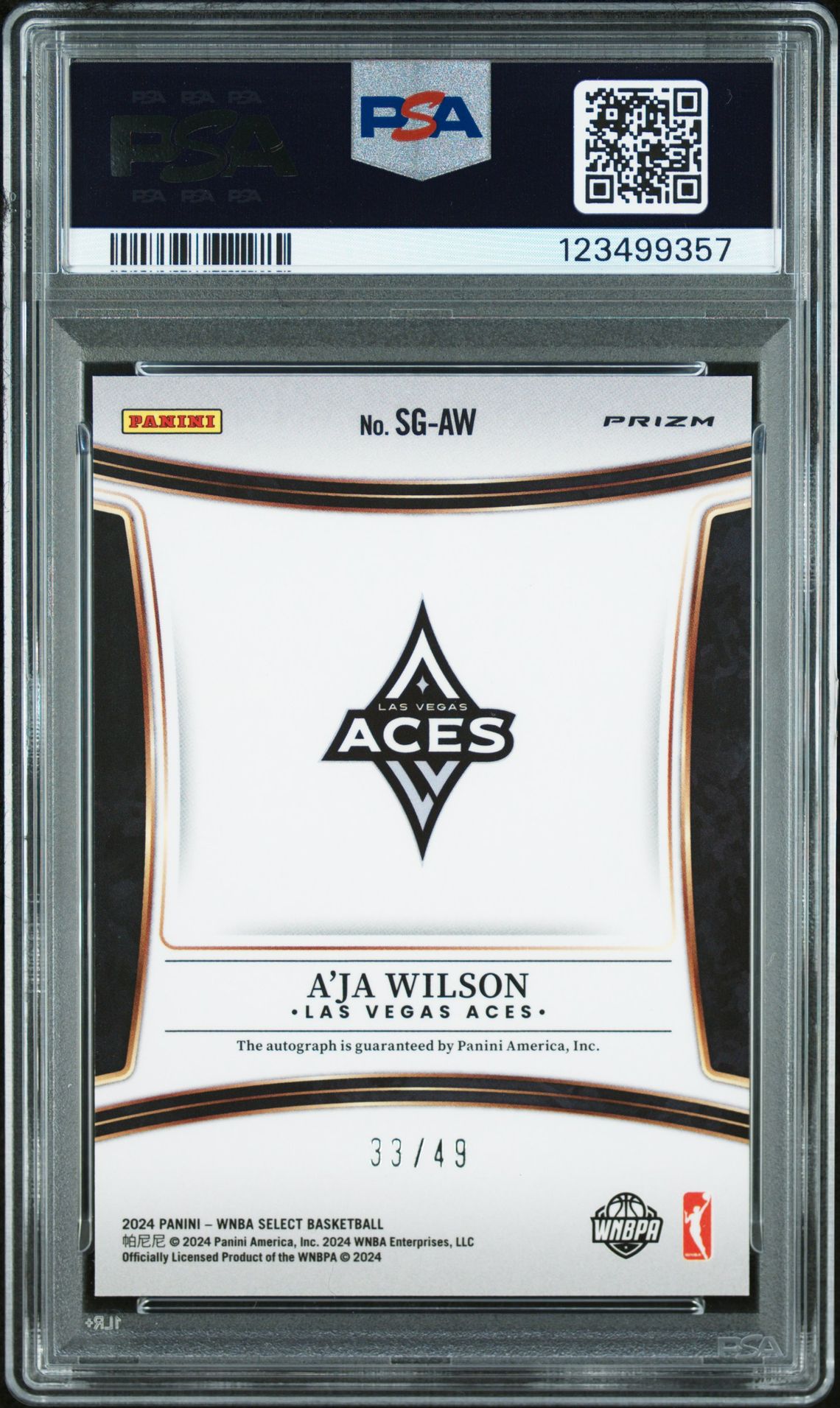 2024 Panini Select Wnba Signatures A'ja Wilson #Sgaw (Signature-Blue Prizm) Gem Mt 10 back