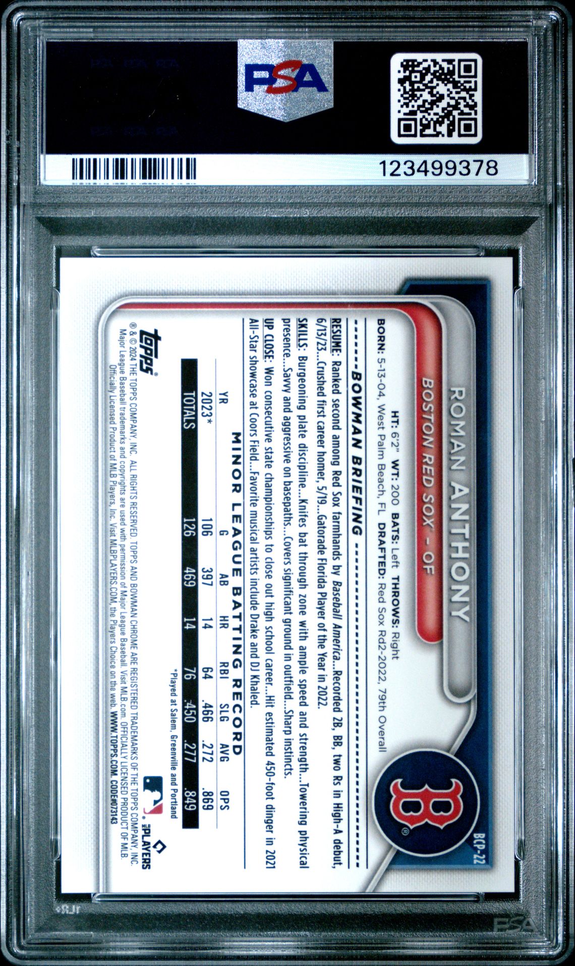 2024 Bowman Chrome Prospects Roman Anthony #Bcp22 (Chr Prspcts-Fuchsia Lnr Ref) Gem Mt 10 back