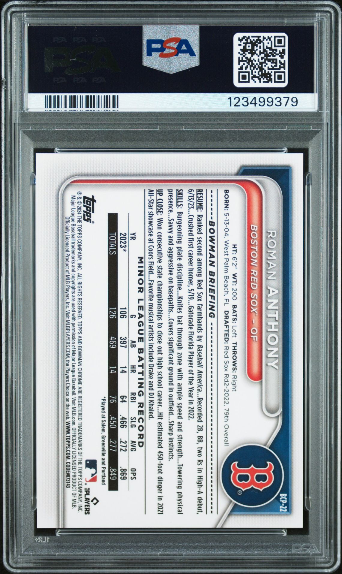 2024 Bowman Chrome Prospects Roman Anthony #Bcp22 (Chr Prspcts-Fuchsia Lnr Ref) Gem Mt 10 back