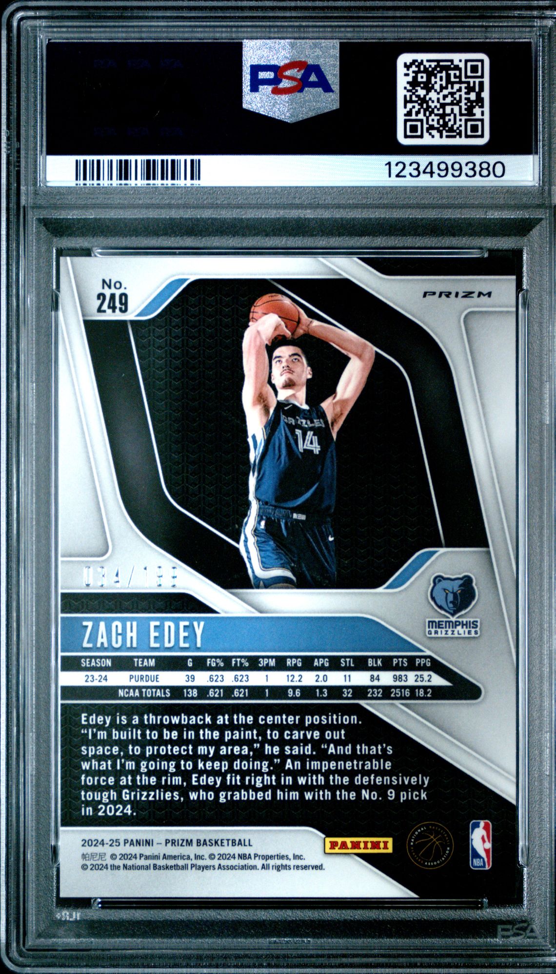 2024 Panini Prizm Zach Edey #249 (Blue Prizm) Gem Mt 10 back