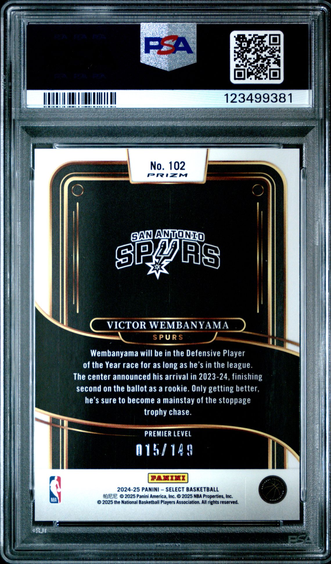 2024 Panini Select Victor Wembanyama #102 (White Prizm) Gem Mt 10 back