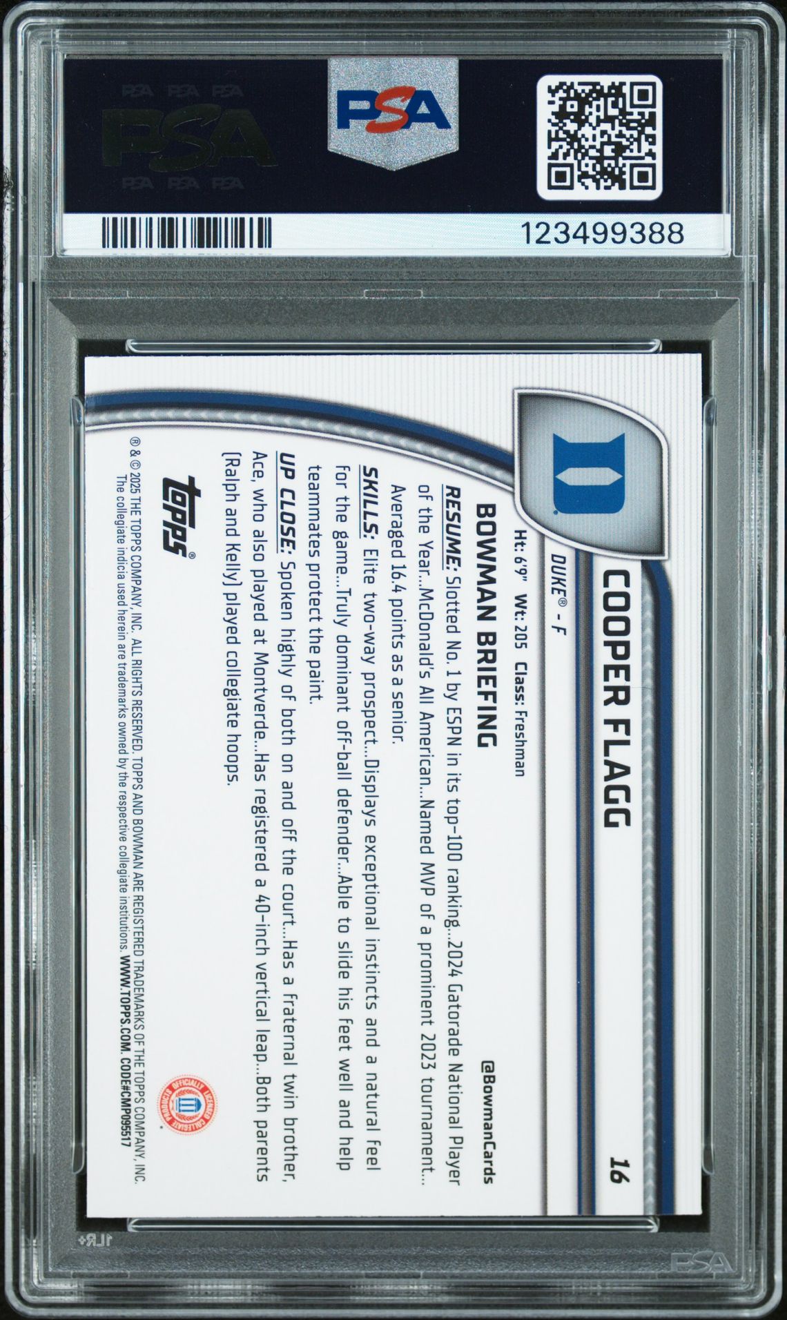 2024 Bowman University Chrome Sapphire Cooper Flagg #16 Gem Mt 10 back