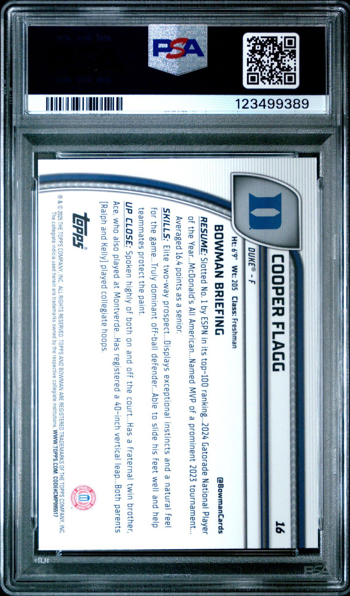 2024 Bowman Chrome University Cooper Flagg #16 (Green Shimmer) Gem Mt 10 back