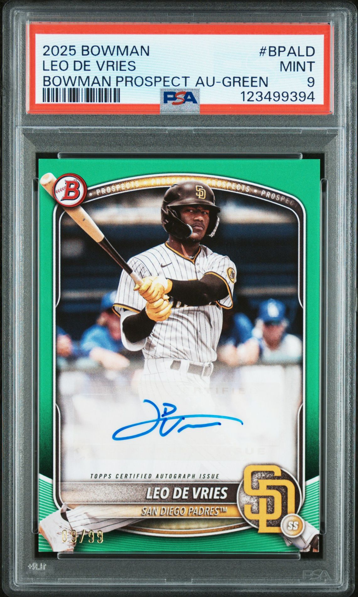 2025 Bowman Bowman Prospect Autographs Leo De Vries #Bpald (Bowman Prospect Au-Green) Mint 9 front