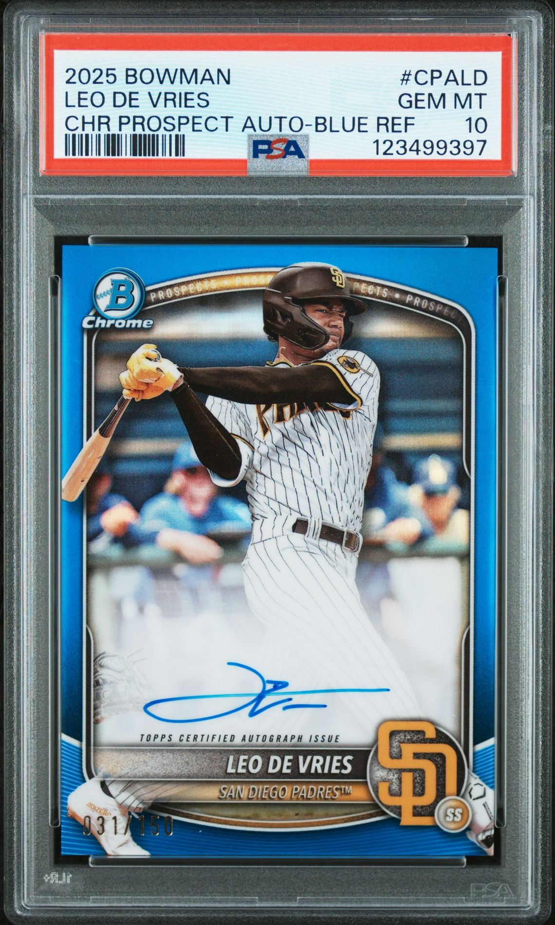 2025 Bowman Chrome Prospect Autographs Leo De Vries #Cpald (Chr Prospect Auto-Blue Ref) Gem Mt 10 front