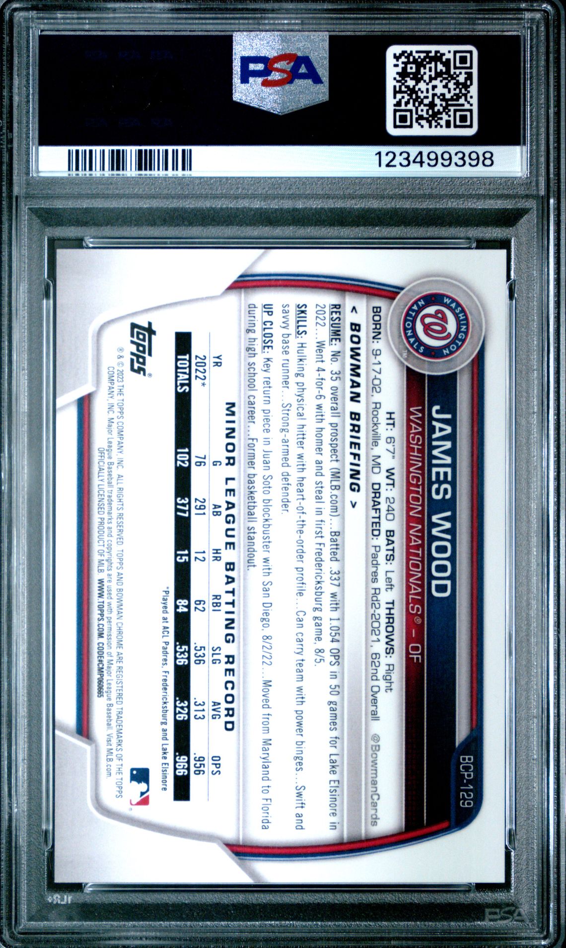 2023 Bowman Chrome Prospects James Wood #Bcp129 (Chr Prospects-Speckle Ref) Gem Mt 10 back