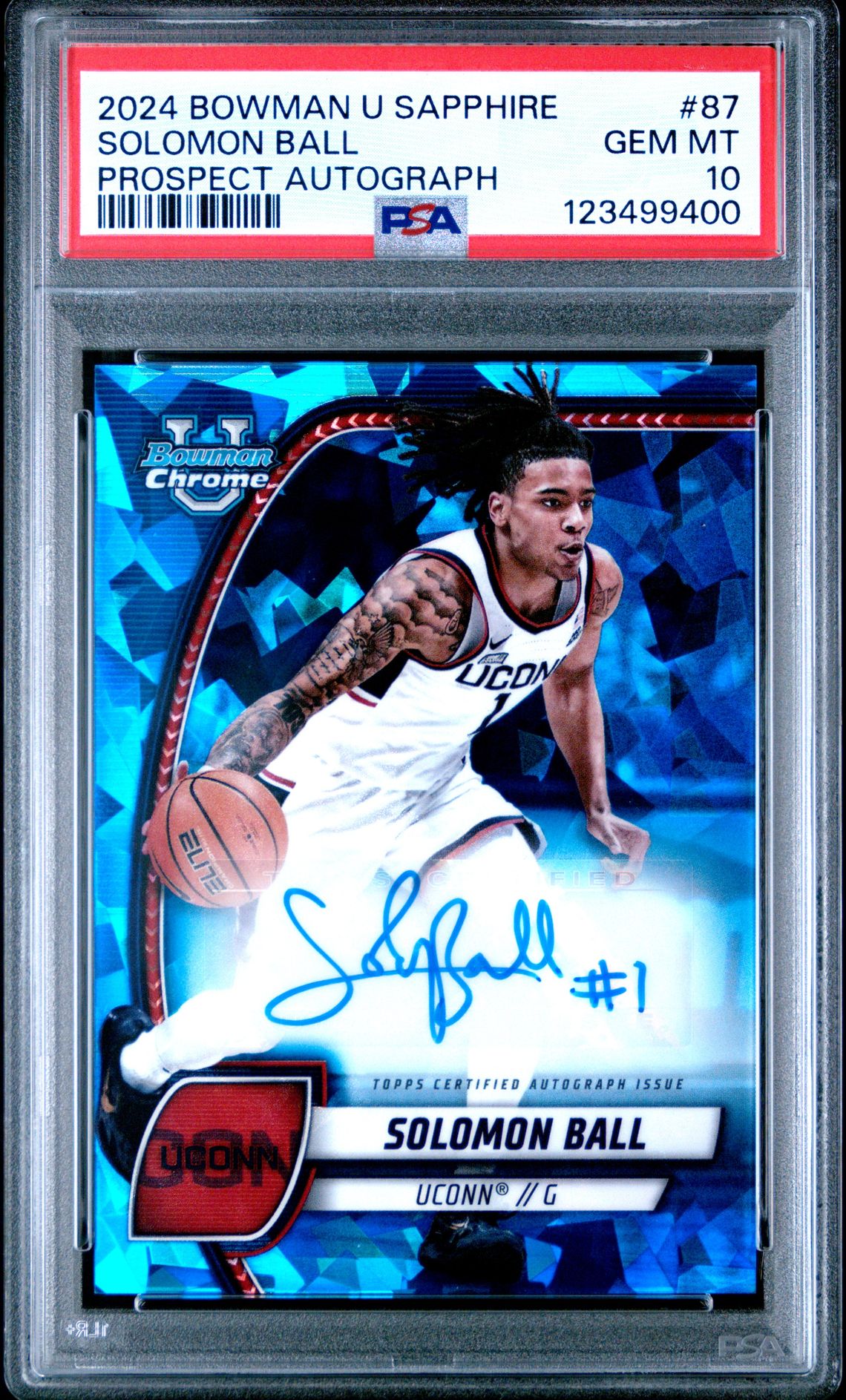 2024 BOWMAN UNIVERSITY CHROME SAPPHIRE SOLOMON BALL PROSPECT AUTOGRAPH 87 GEM MT 10 front