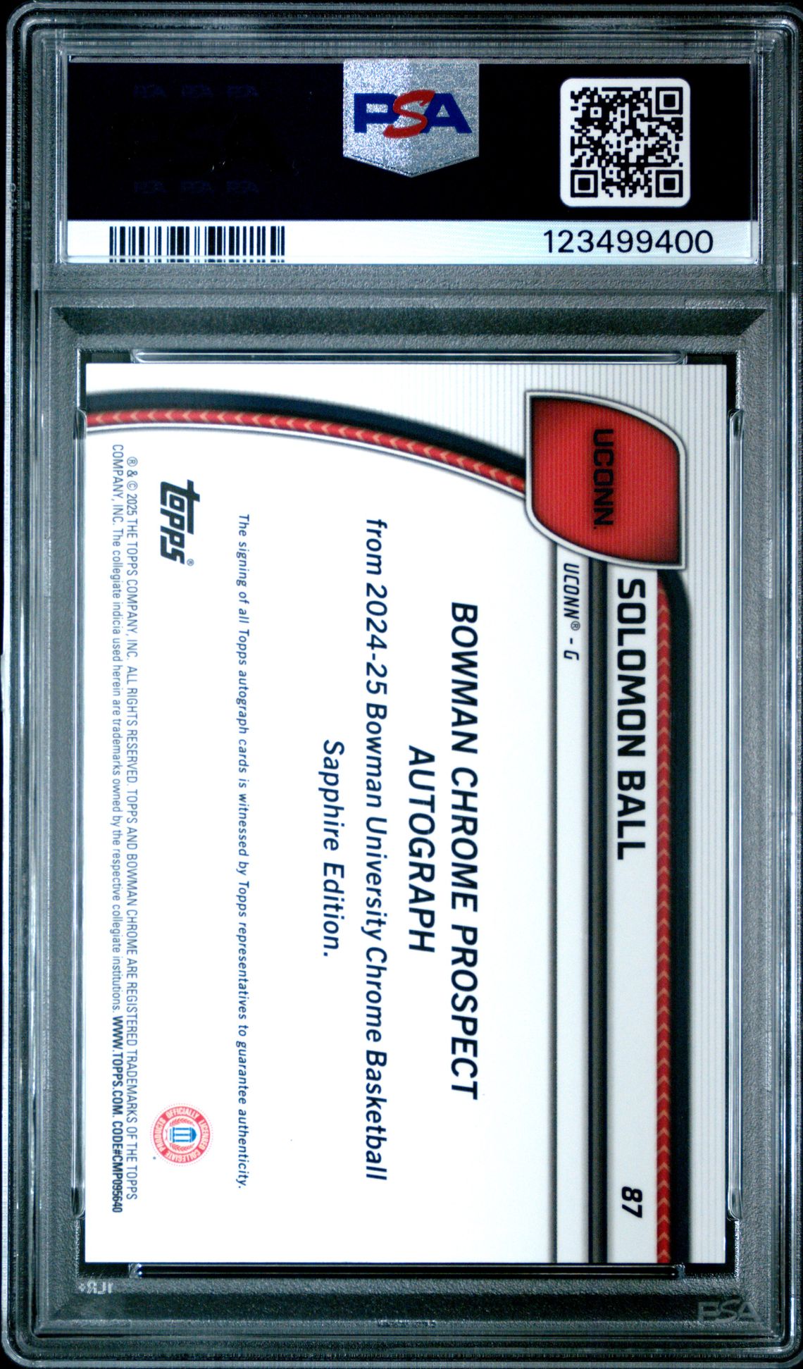 2024 BOWMAN UNIVERSITY CHROME SAPPHIRE SOLOMON BALL PROSPECT AUTOGRAPH 87 GEM MT 10 back