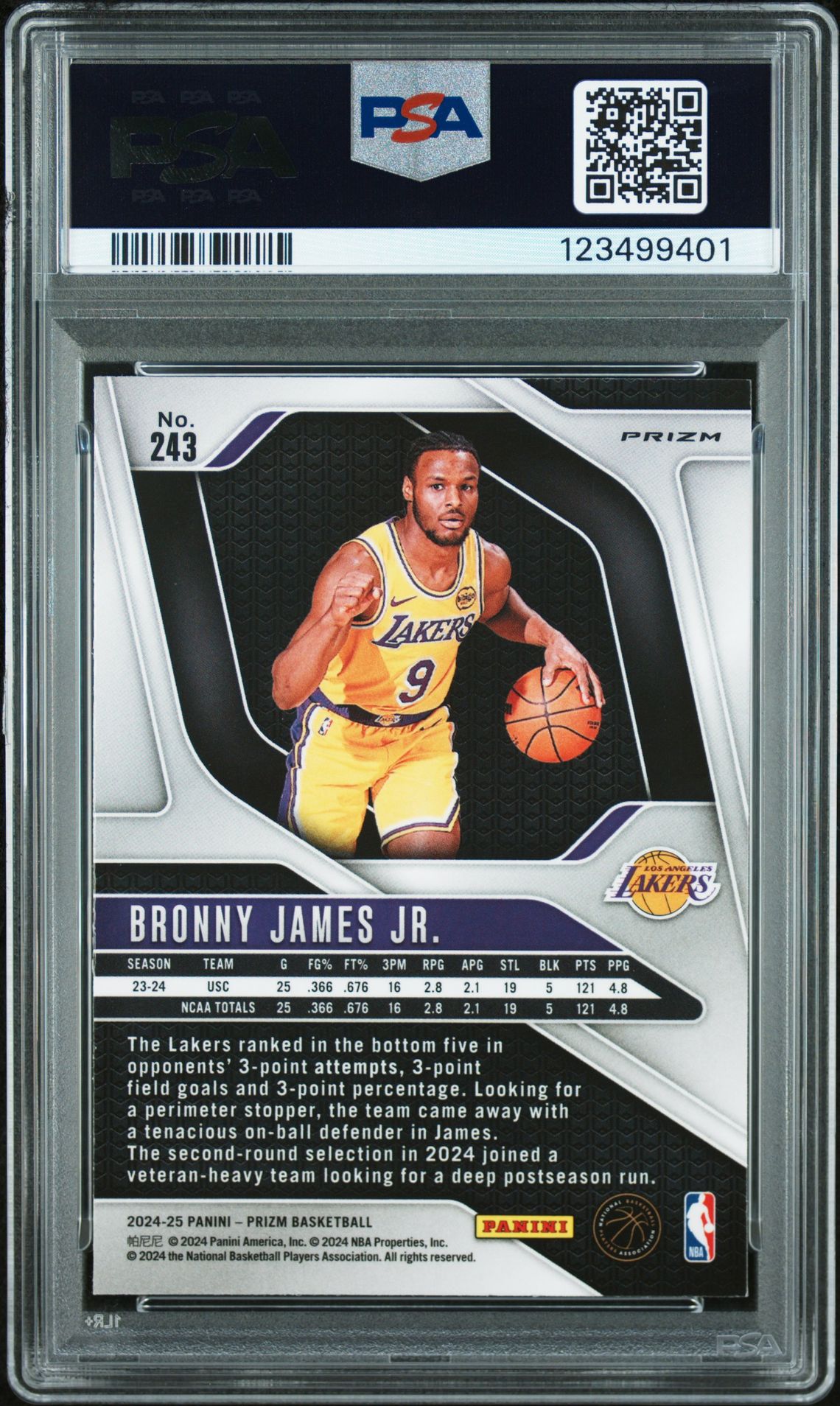 2024 Panini Prizm Bronny James Jr. #243 (Hyper Prizm) Mint 9 back