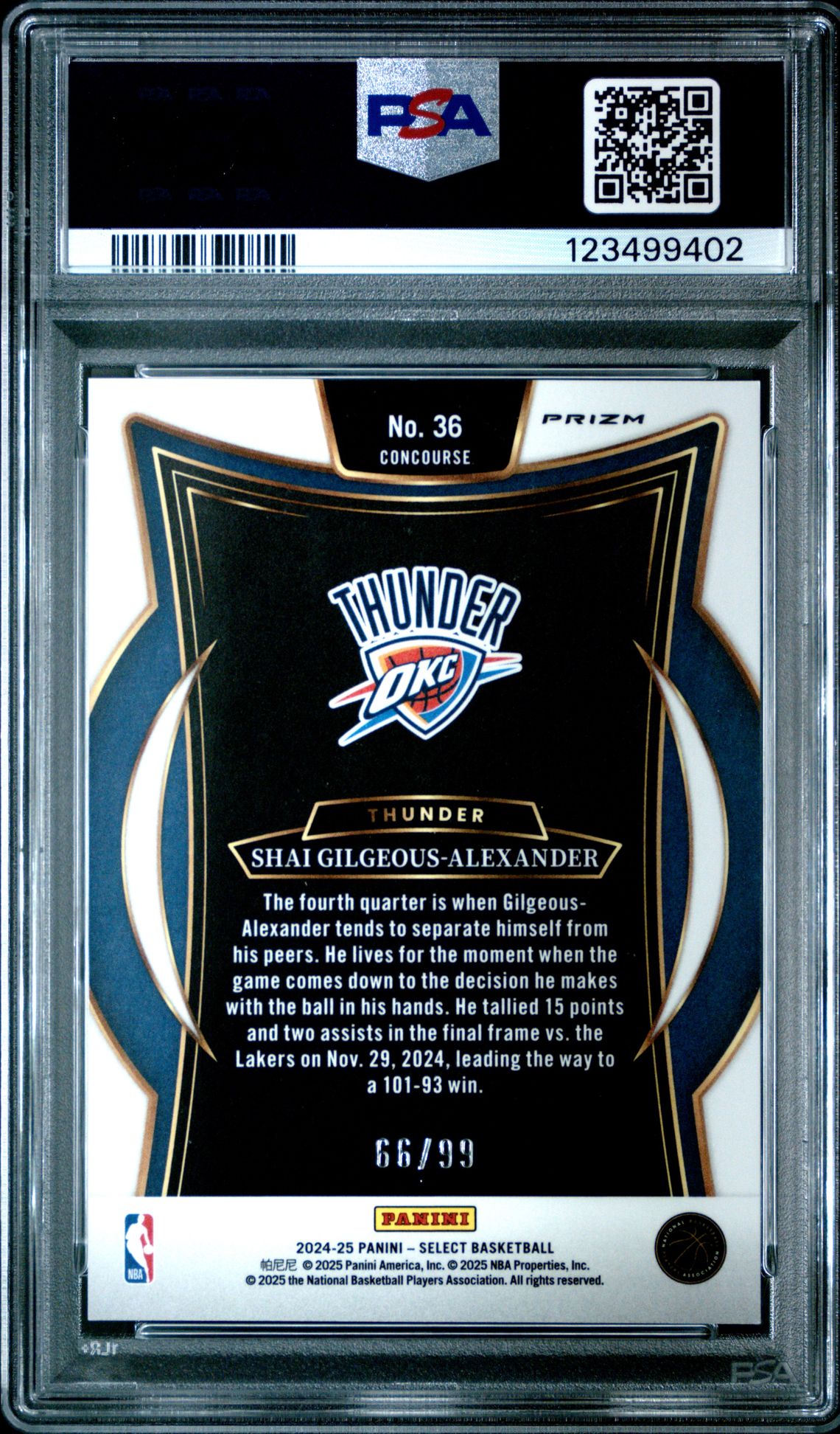 2024 Panini Select S. Gilgeous-Alexander #36 (Light Blue Disco) Gem Mt 10 back