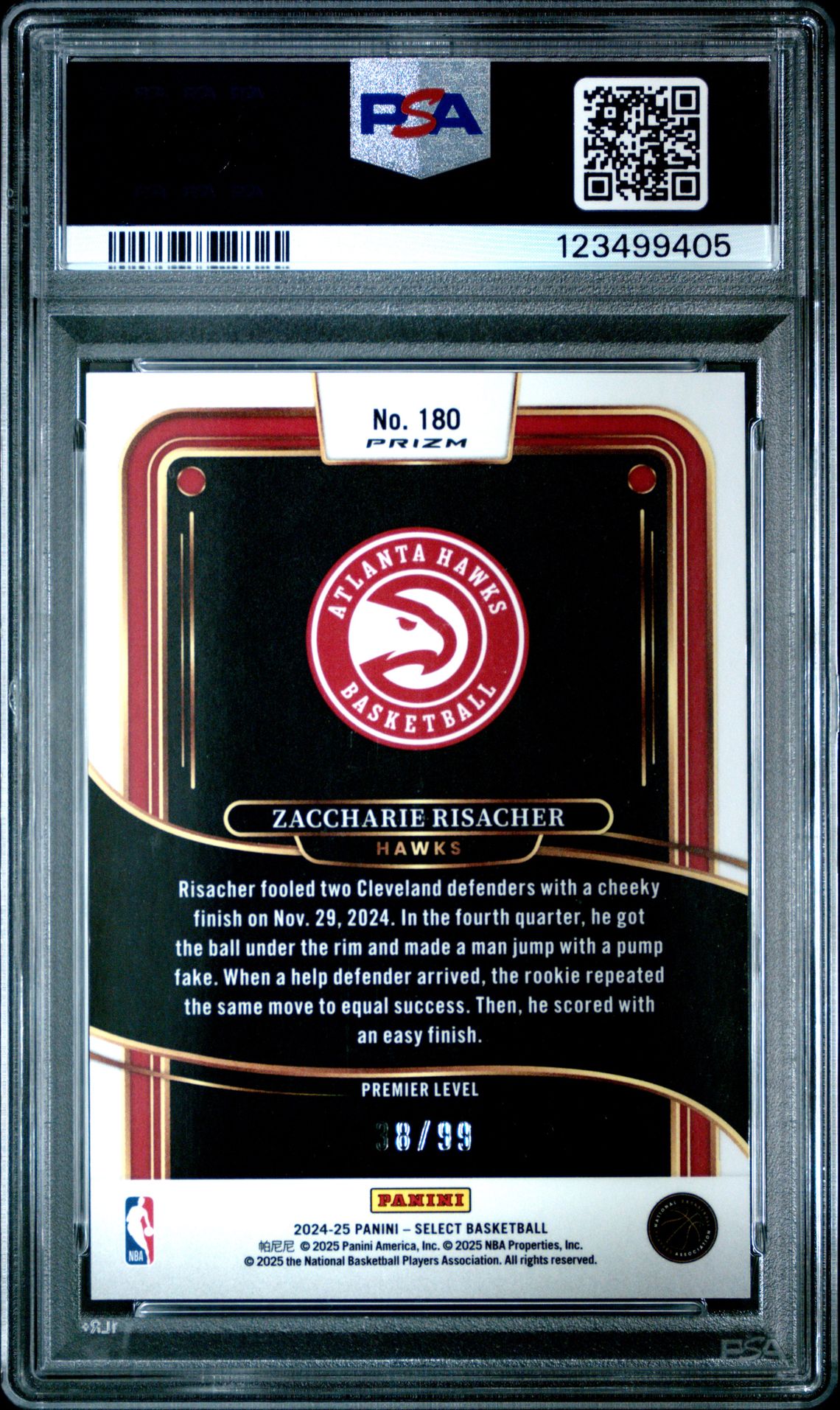 2024 Panini Select Zaccharie Risacher #180 (Light Blue Disco) Gem Mt 10 back