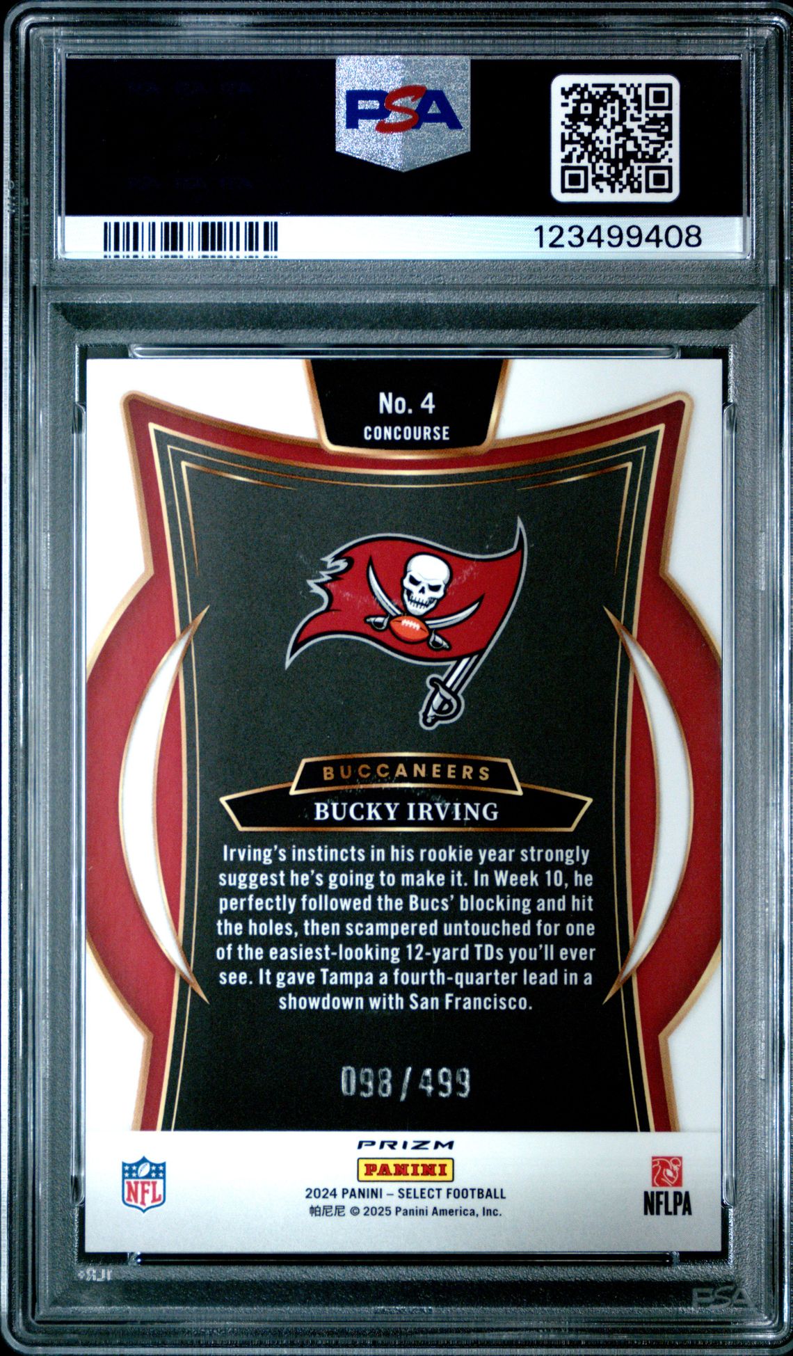 2024 Panini Select Bucky Irving #4 (Orange Shock) Gem Mt 10 back