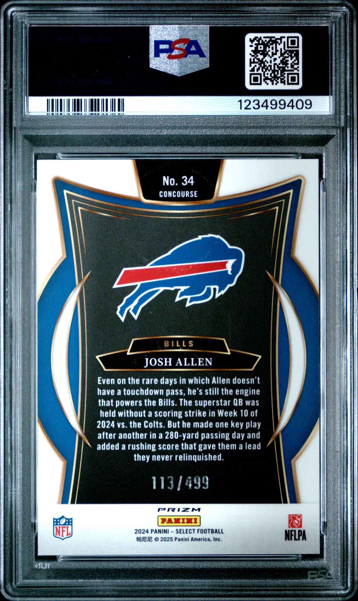 2024 Panini Select Josh Allen #34 (Orange Shock) Gem Mt 10 back