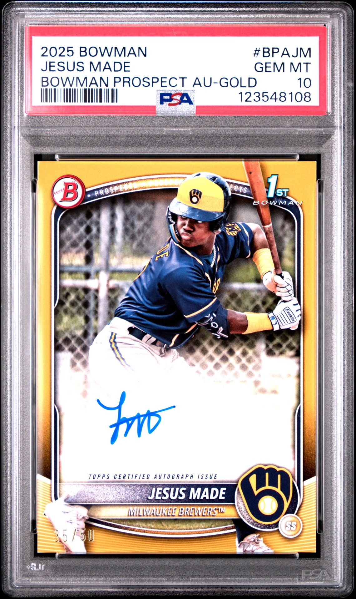 2025 Bowman Bowman Prospect Autographs Jesus Made #Bpajm (Bowman Prospect Au-Gold) Gem Mt 10 front