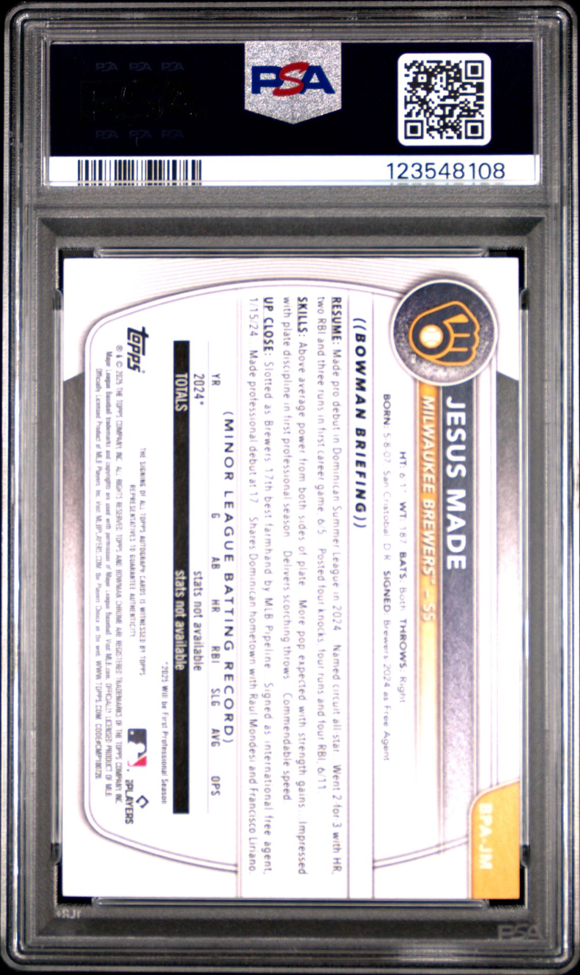 2025 Bowman Bowman Prospect Autographs Jesus Made #Bpajm (Bowman Prospect Au-Gold) Gem Mt 10 back