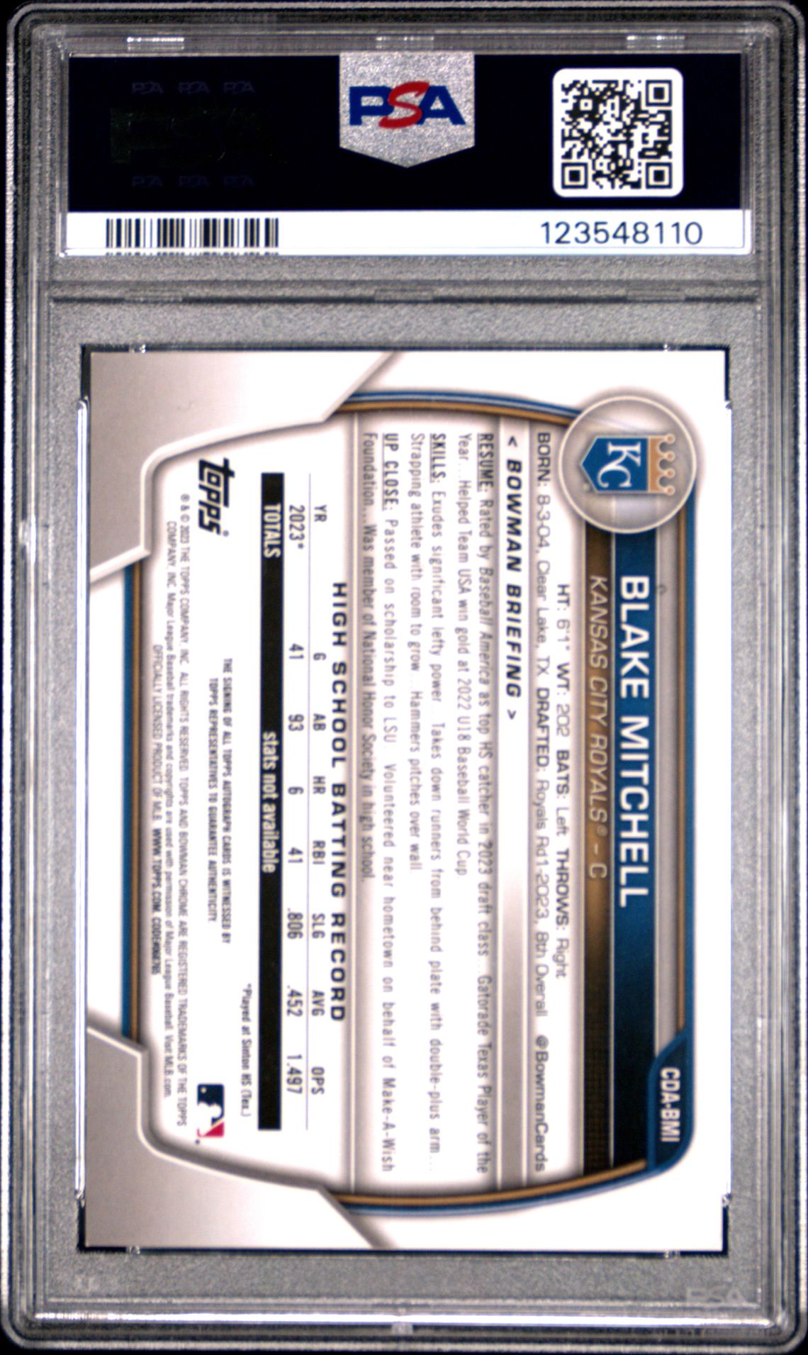 2023 Bowman Draft Chrome Prospect Autograph Blake Mitchell #Cdabmi Gem Mt 10 back