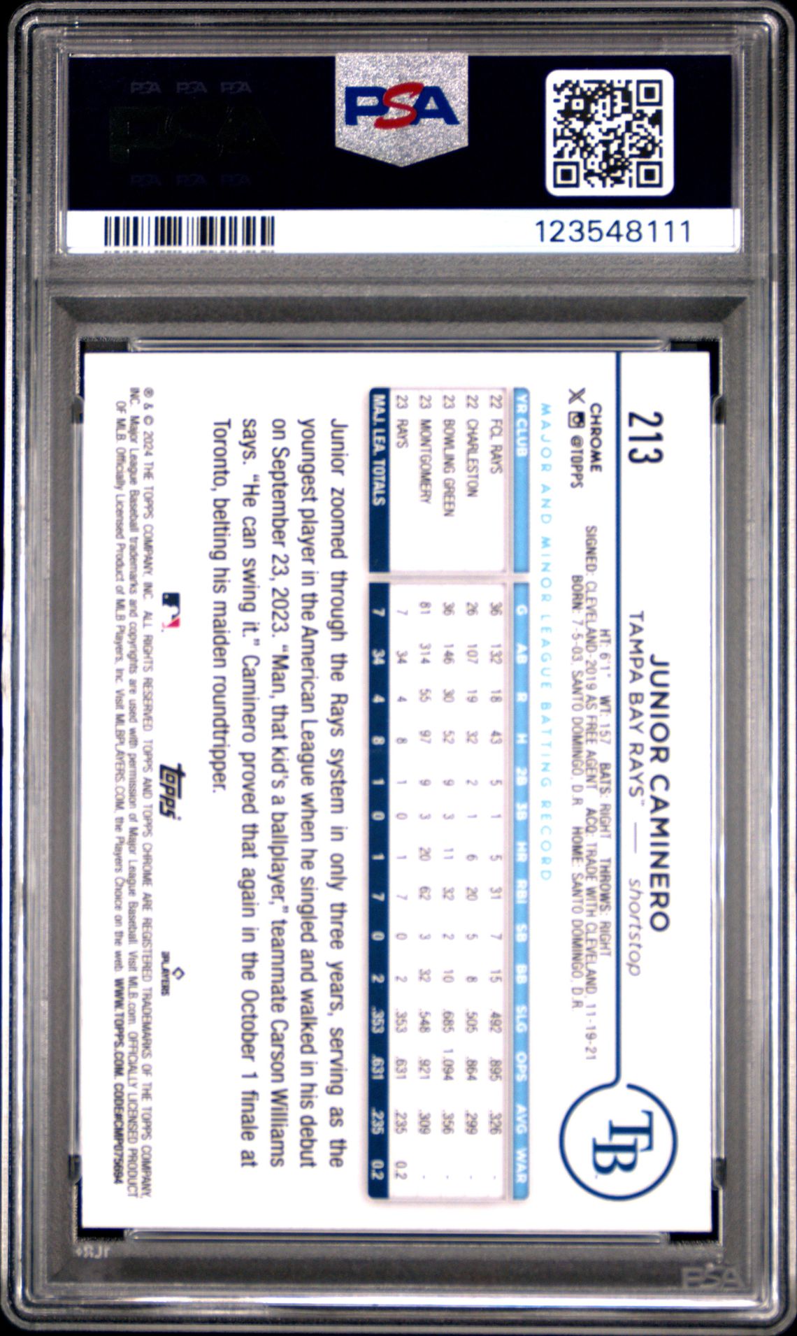 2024 Topps Chrome Junior Caminero #213 (Aqua Raywave) Mint 9 back