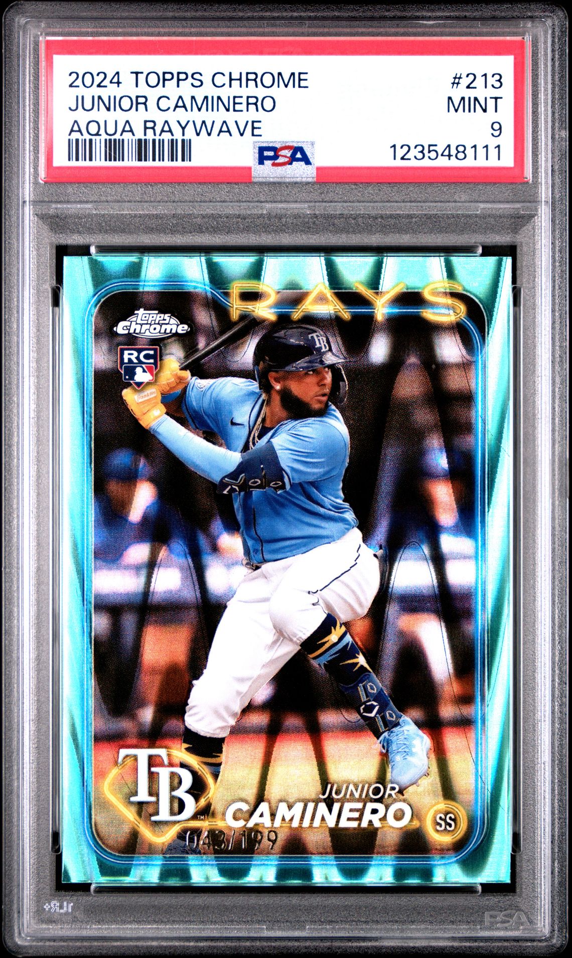 2024 Topps Chrome Junior Caminero #213 (Aqua Raywave) Mint 9 front