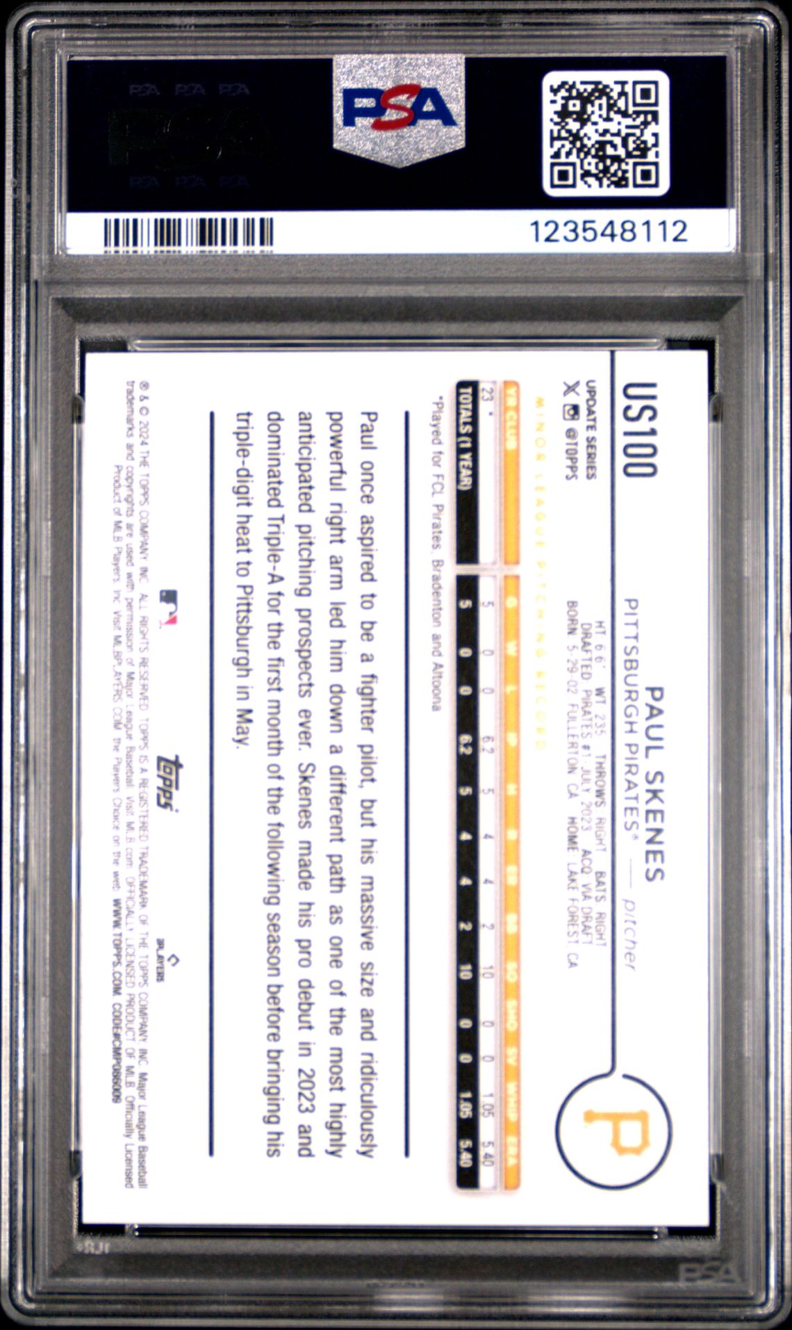 2024 Topps Update Paul Skenes #Us100 (Yellow) Gem Mt 10 back