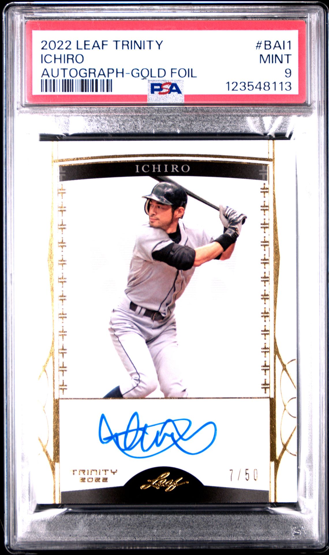 2022 Leaf Trinity Autograph Ichiro #Bai1 (Autograph-Gold Foil) Mint 9 front