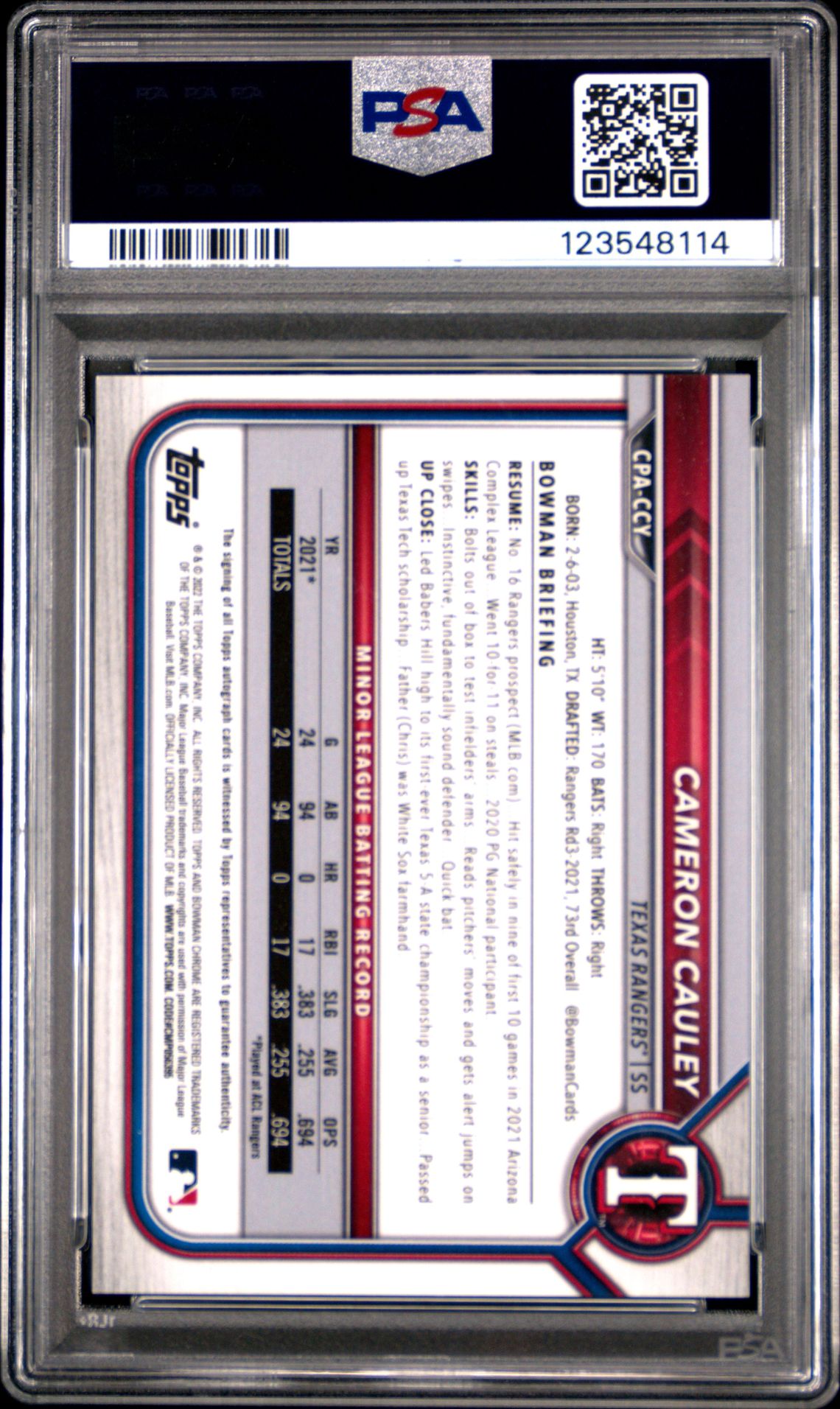 2022 Bowman Chrome Prospect Autographs Cameron Cauley #Cpaccy (Prs.au-Gold Mini Dmd.ref.) Gem Mt 10 back