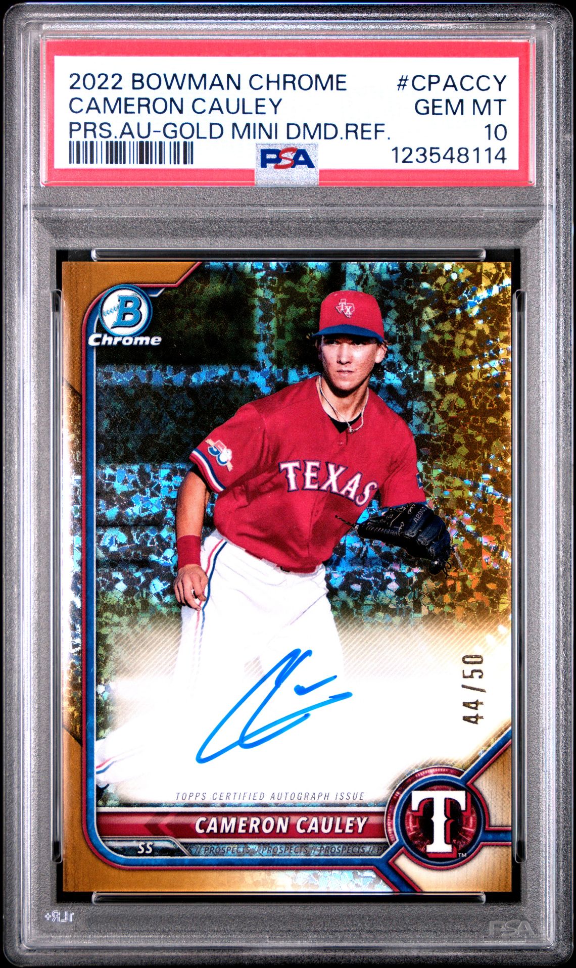 2022 Bowman Chrome Prospect Autographs Cameron Cauley #Cpaccy (Prs.au-Gold Mini Dmd.ref.) Gem Mt 10 front