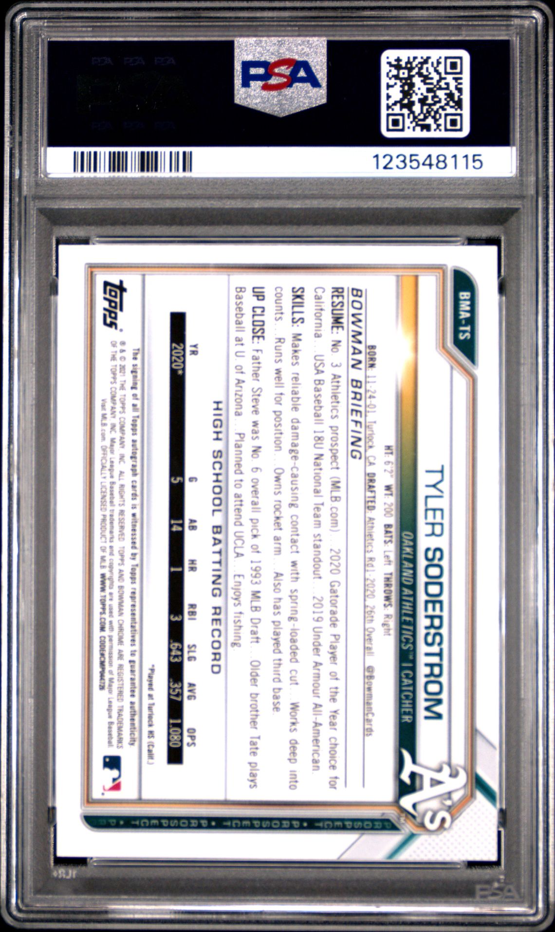 2021 Bowman Mega Box Chrome Autographs Tyler Soderstrom #Bmats (Chrome-Auto-Blue Ref.) Mint 9 back