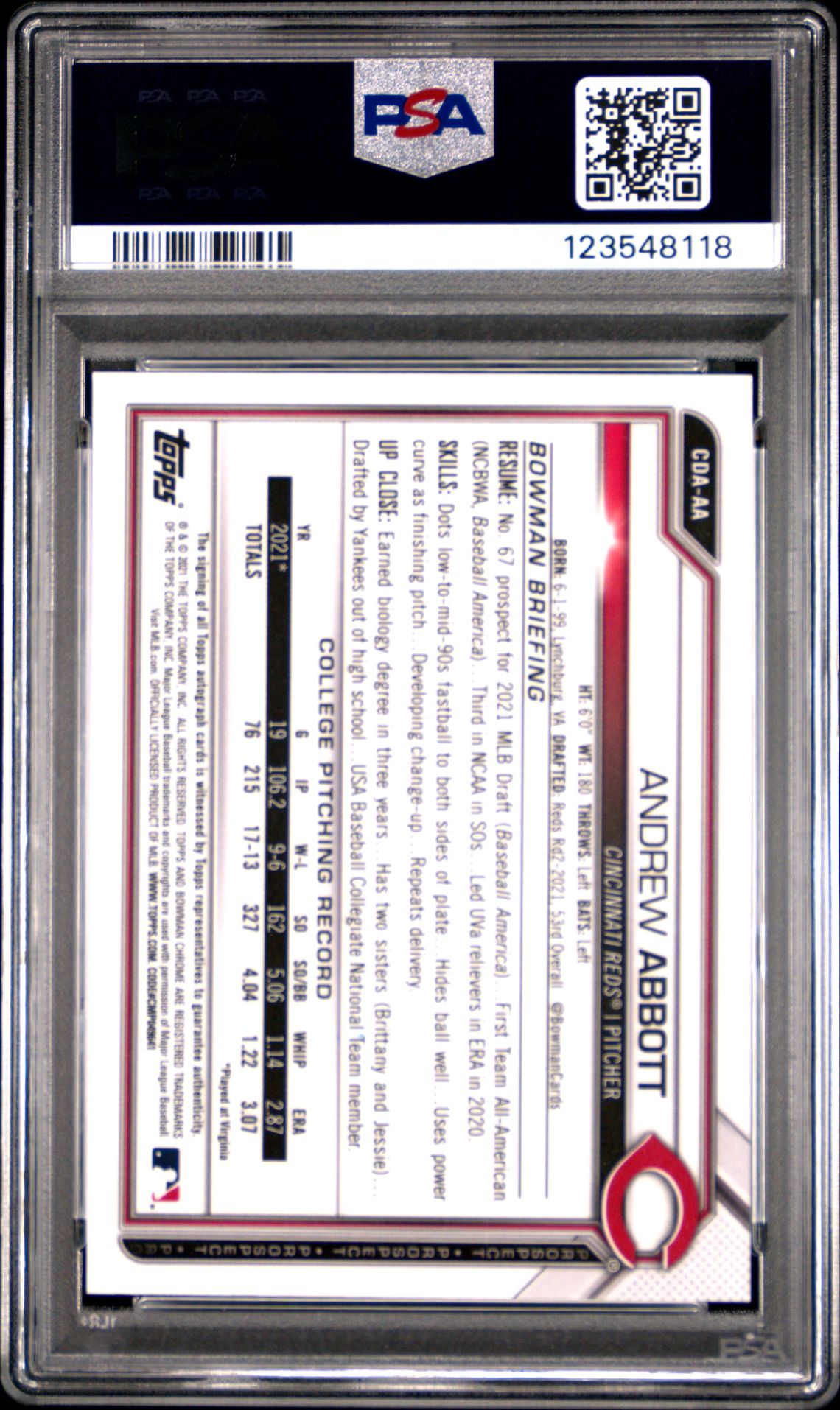 2021 Bowman Draft Chrome Draft Pick Autographs Andrew Abbott #Cdaaa (Chrome Dp Auto-Blue Ref.) Gem Mt 10 back