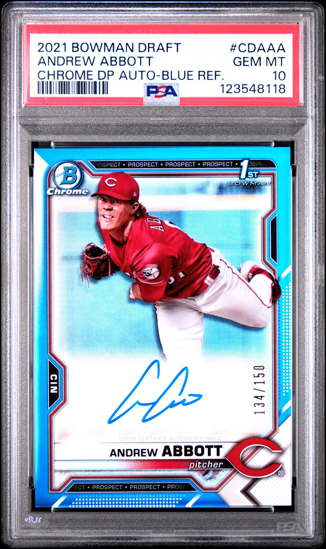 2021 Bowman Draft Chrome Draft Pick Autographs Andrew Abbott #Cdaaa (Chrome Dp Auto-Blue Ref.) Gem Mt 10 front