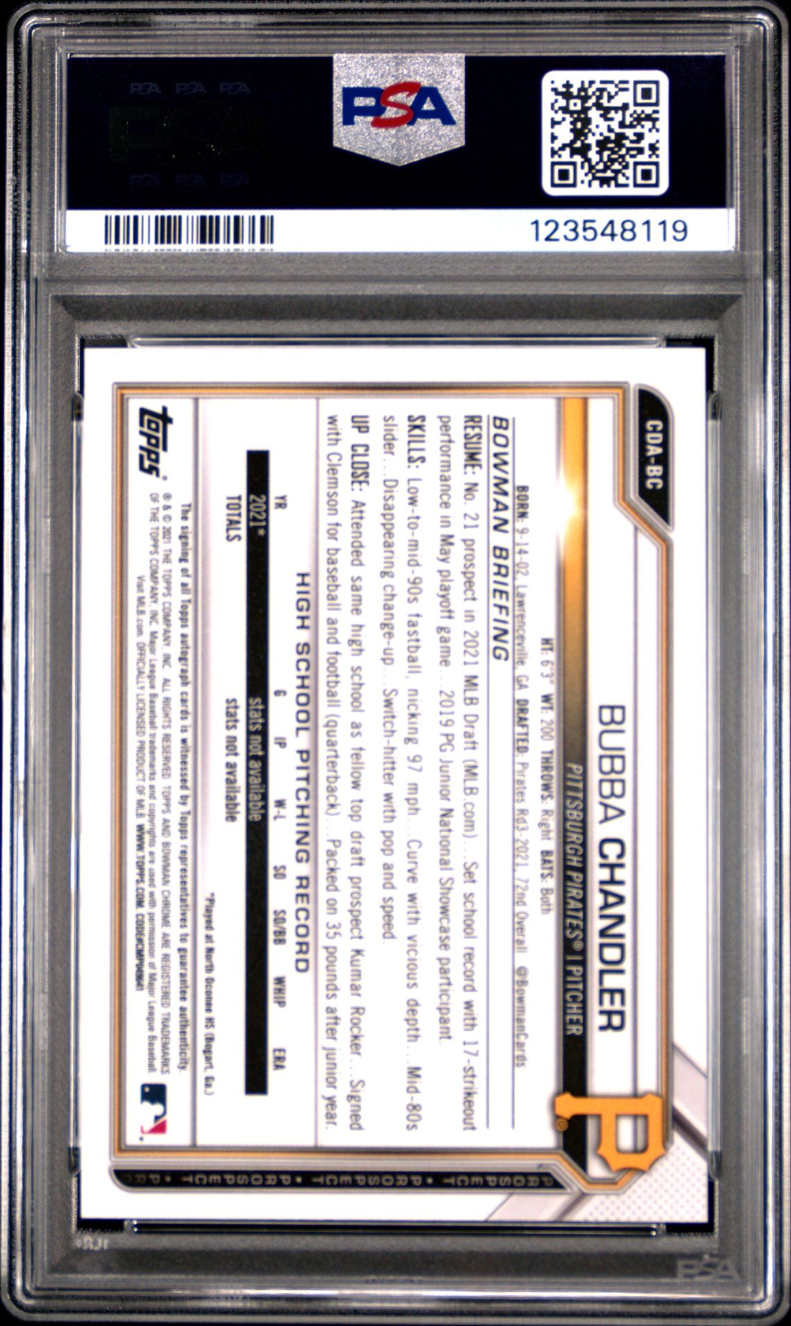 2021 Bowman Draft Chrome Draft Pick Autographs Bubba Chandler #Cdabc (Chrome Draft Pick Auto.) Gem Mt 10 back