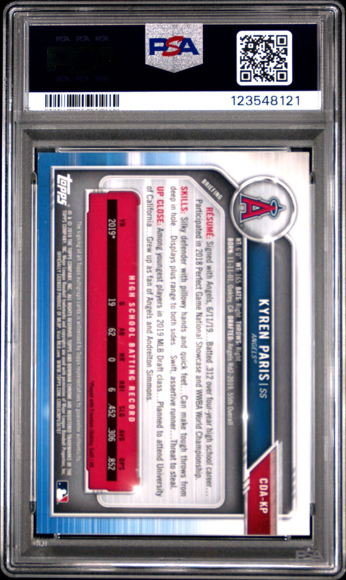 2019 Bowman Draft Chrome Draft Picks Autograph Kyren Paris #Cdakp (Chr.dp Auto-Blue Wv.ref.) Gem Mt 10 back