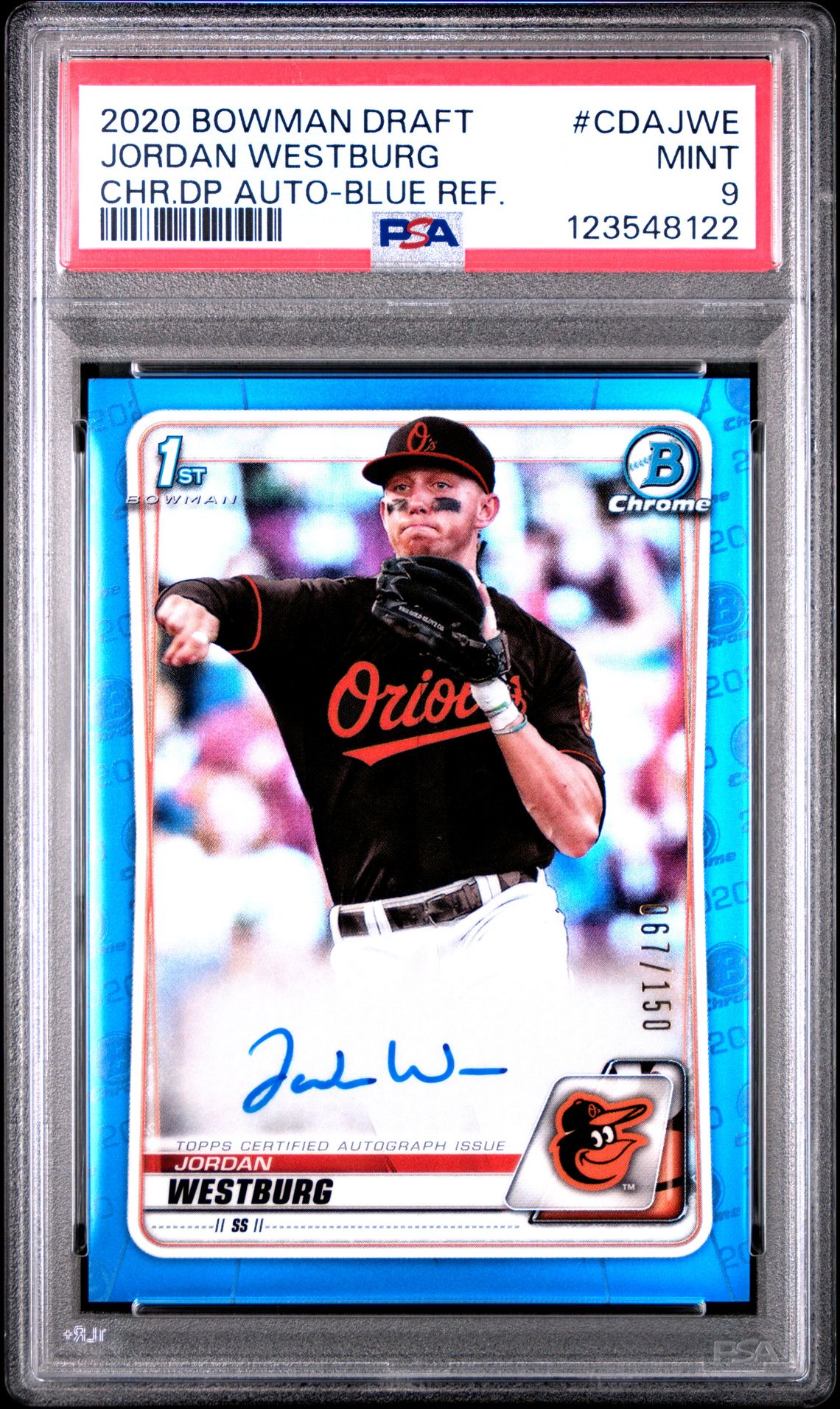 2020 Bowman Draft Chrome Draft Picks Autographs Jordan Westburg #Cdajwe (Chr.dp Auto-Blue Ref.) Mint 9 front