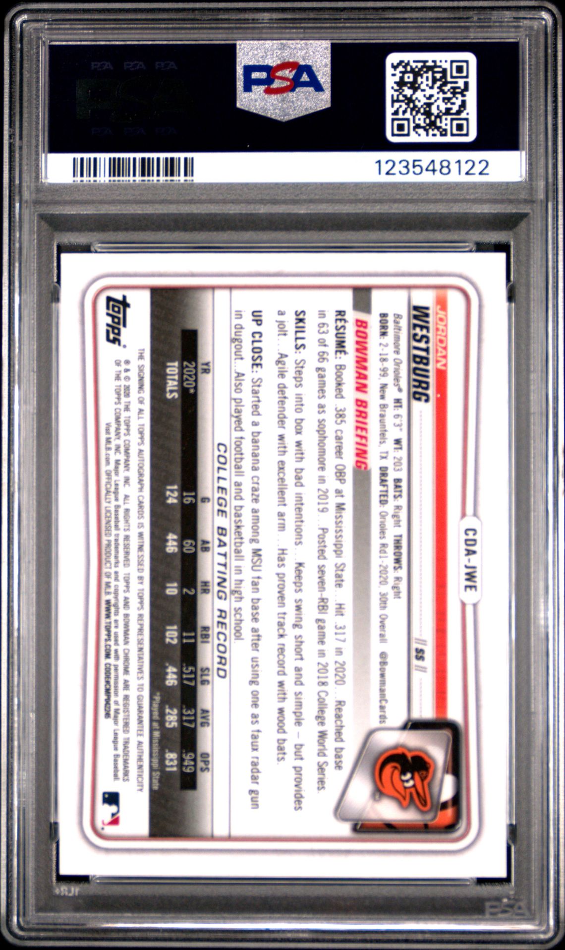 2020 Bowman Draft Chrome Draft Picks Autographs Jordan Westburg #Cdajwe (Chr.dp Auto-Blue Ref.) Mint 9 back