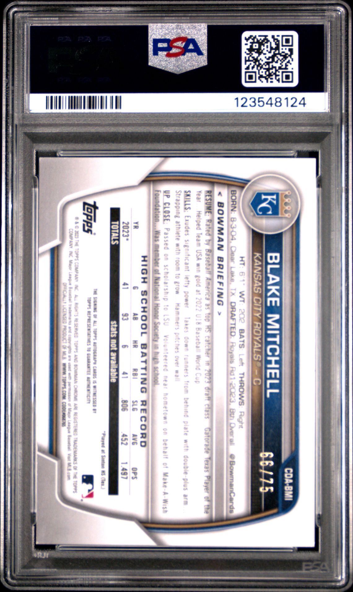 2023 Bowman Draft Chrome Prospect Autograph Blake Mitchell #Cdabmi (Chrome Prospect Au-Blk Ref) Mint 9 back