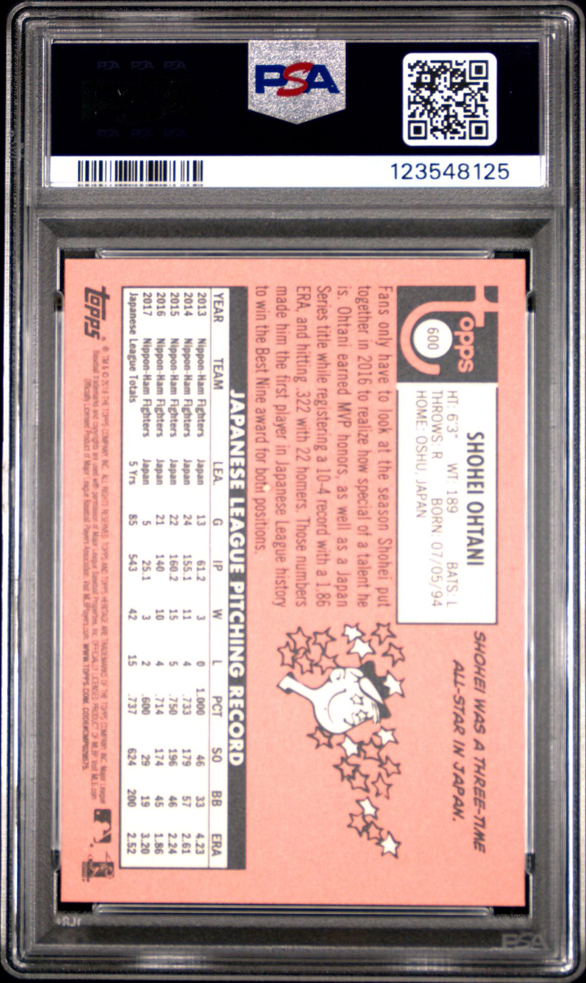 2018 Topps Heritage Shohei Ohtani #600 Mint 9 back