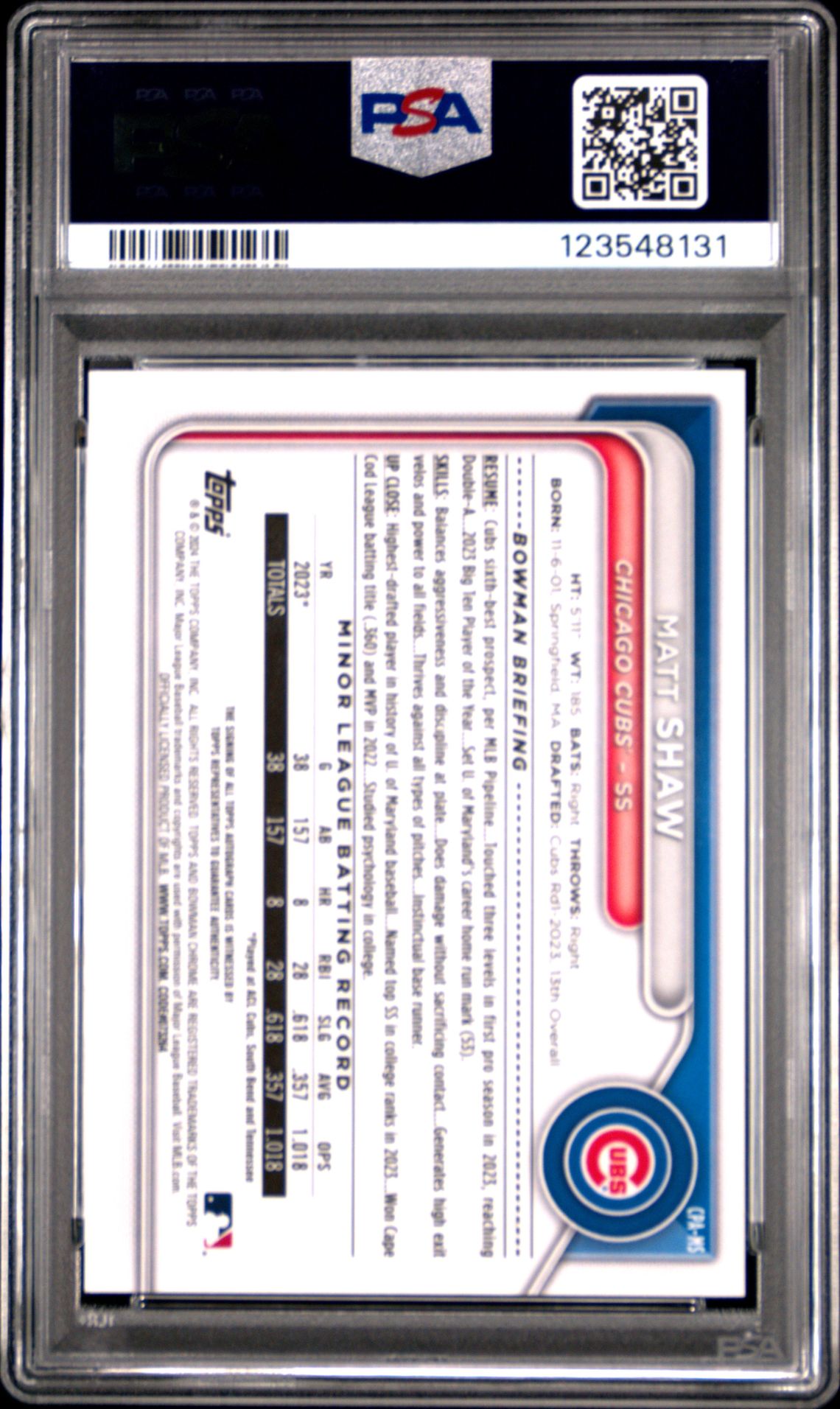 2024 Bowman Chrome Prospect Autographs Matt Shaw #Cpams Mint 9 back