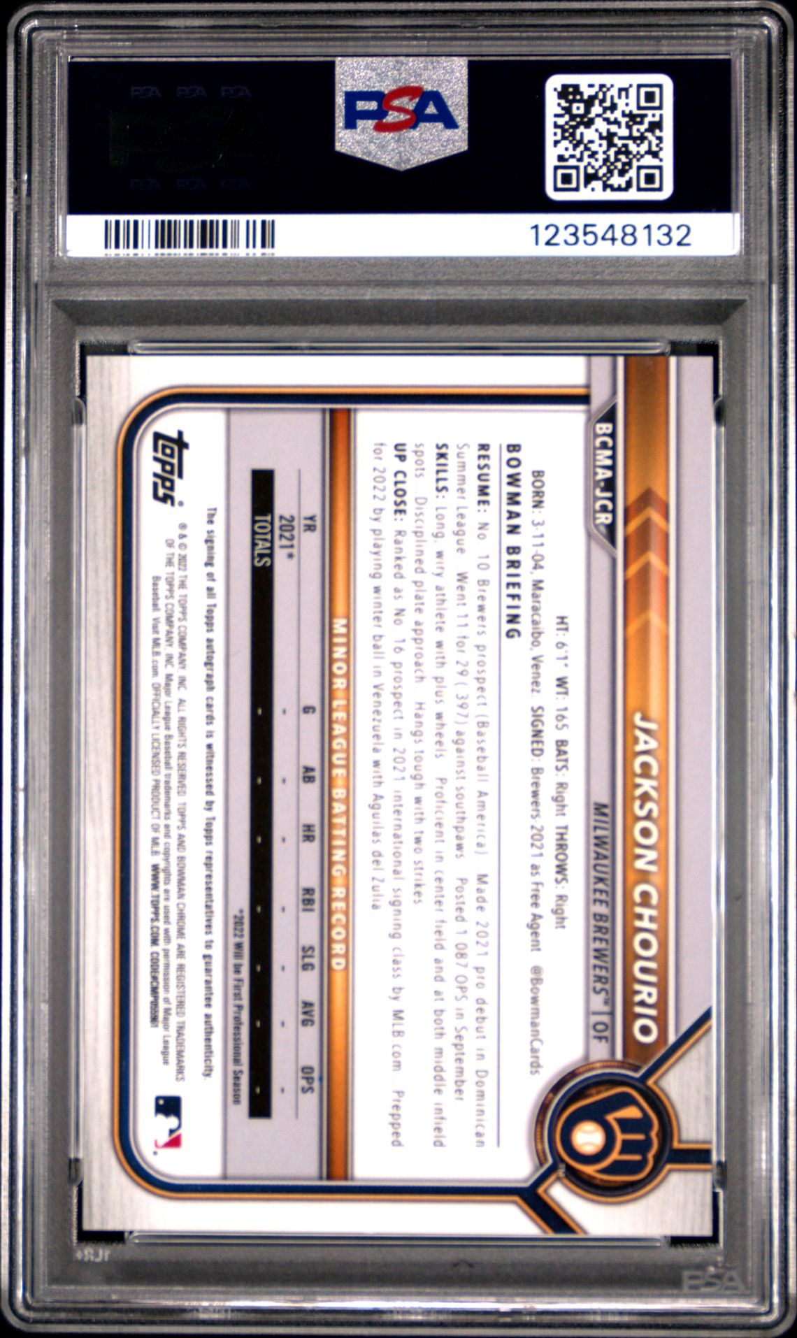 2022 Bowman Chrome Mega Box Autographs Jackson Chourio #Jcr (Autograph) Gem Mt 10 back