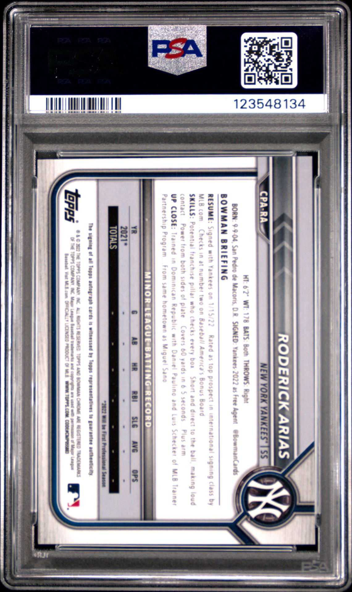 2022 Bowman Chrome Prospect Autographs Roderick Arias #Cpara (Prs.au-Blue Raywave Ref.) Nm-Mt 8 back